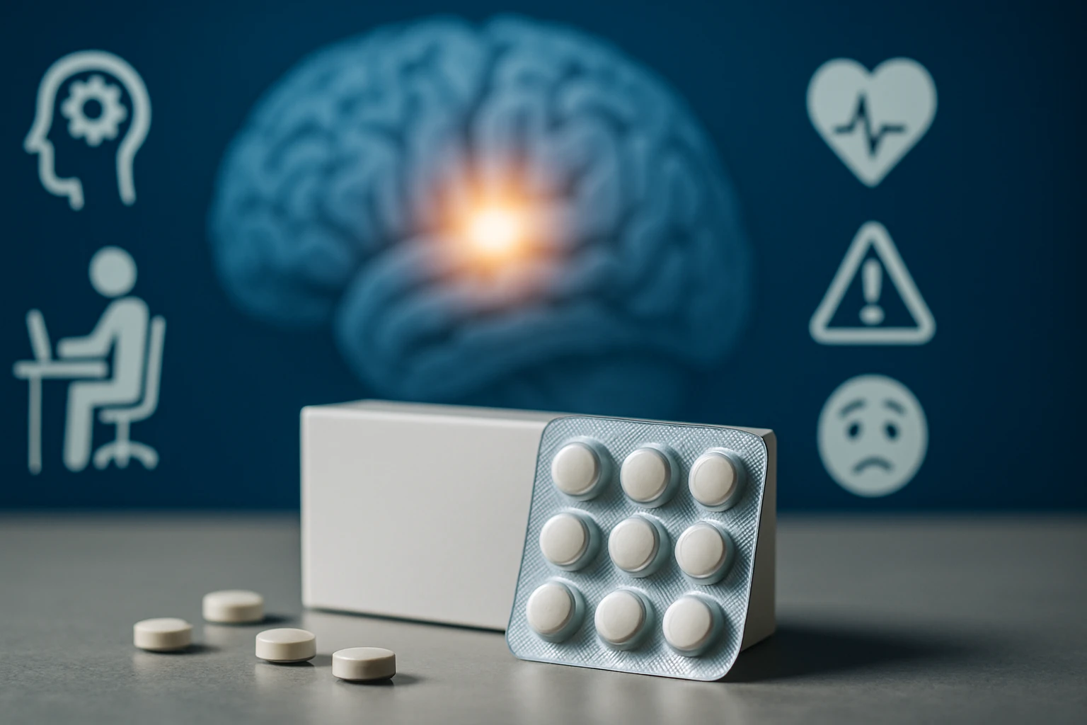 Biele tablety a obal na stole, háttérben agy és ikonok a mentálny zdraví témájában.