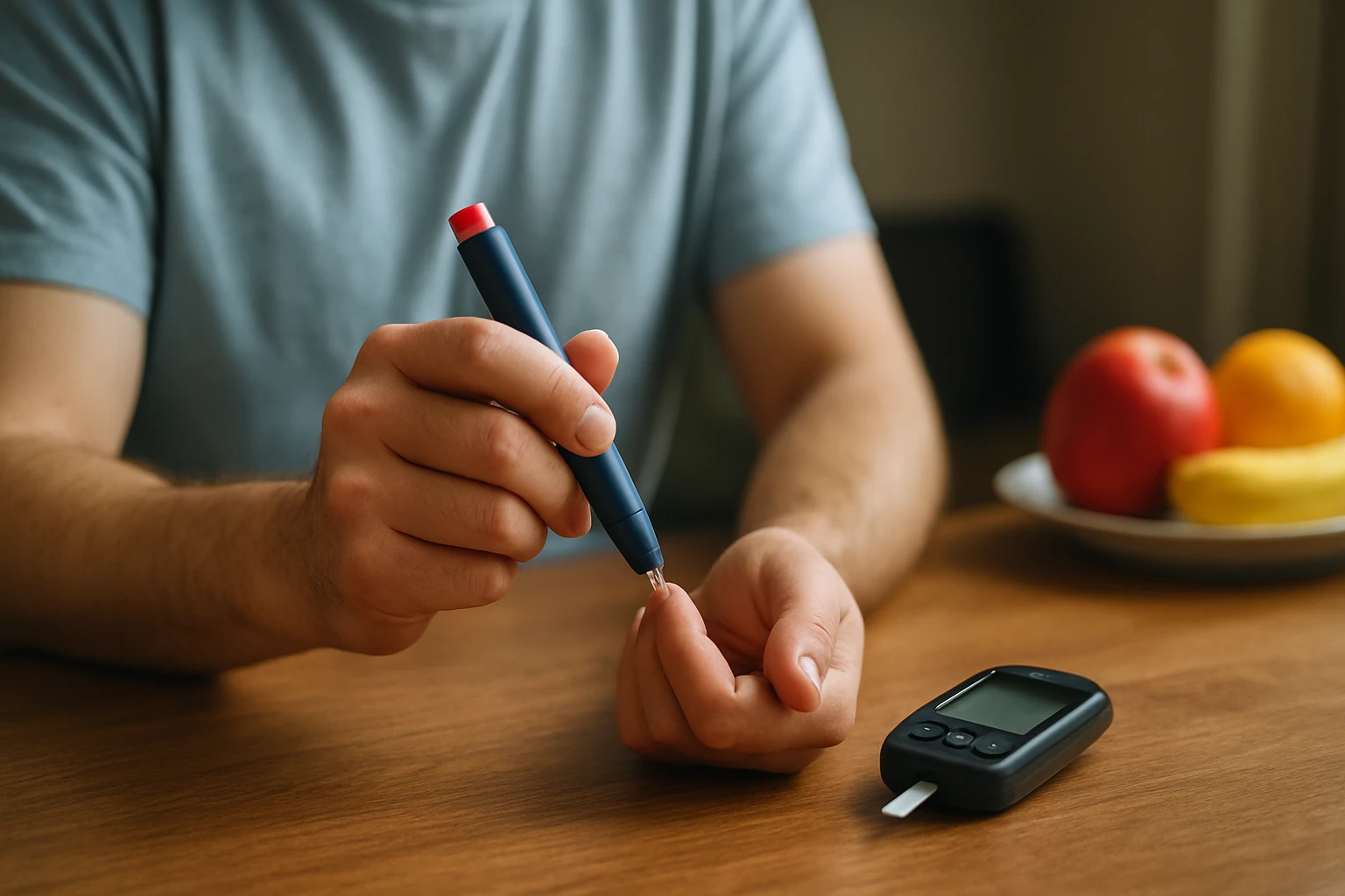 Muž drží pero na meranie glukózy a pripravuje sa na testovanie.