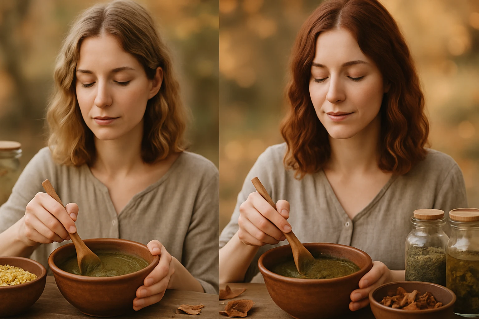 Žena s kuhinjskou lyžicou mieša zelenú zmes v hnedej miske.