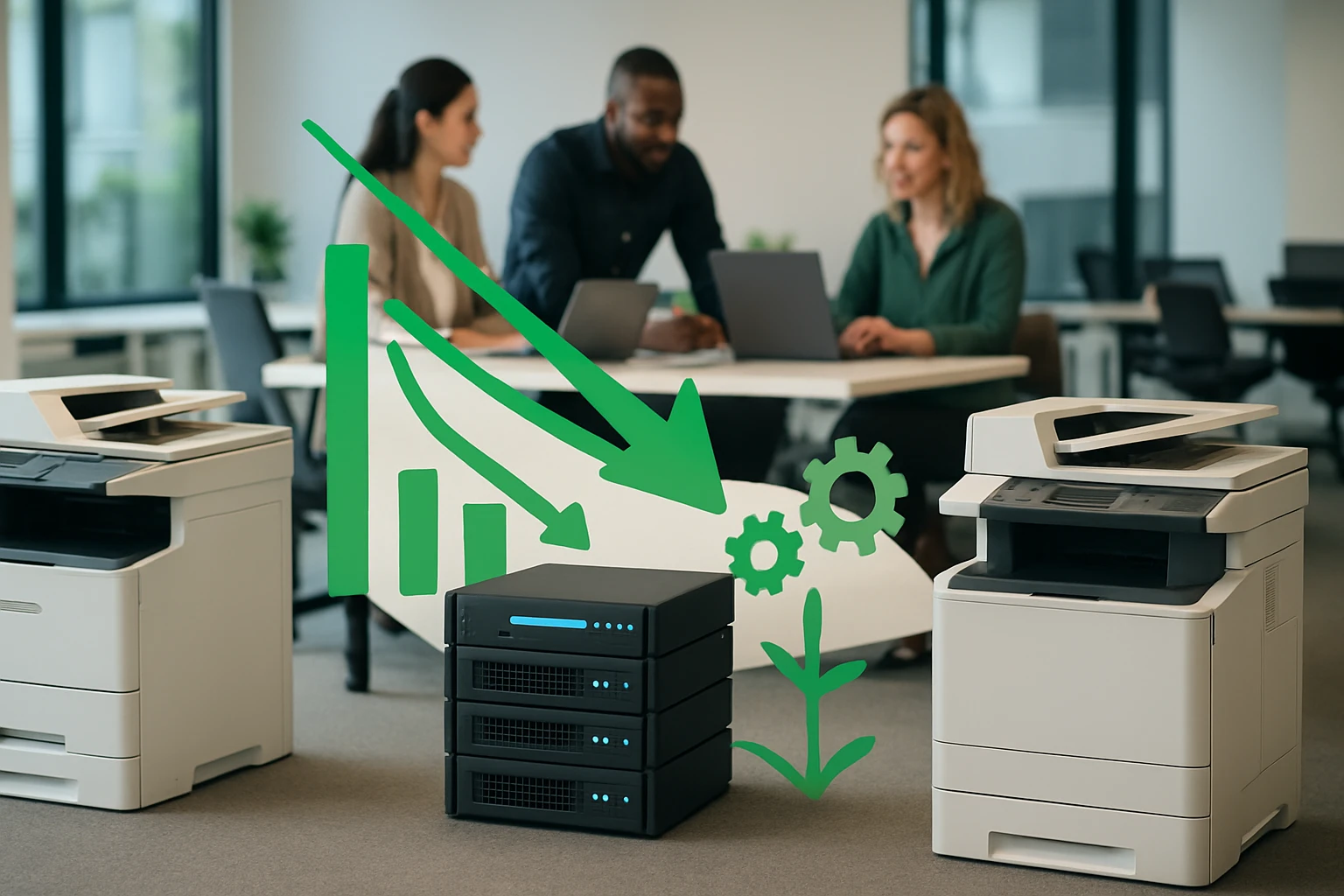 Kancelária, ahol három ember dolgozik laptopokkal, mellettük nyomtatók és grafikonok láthatók.