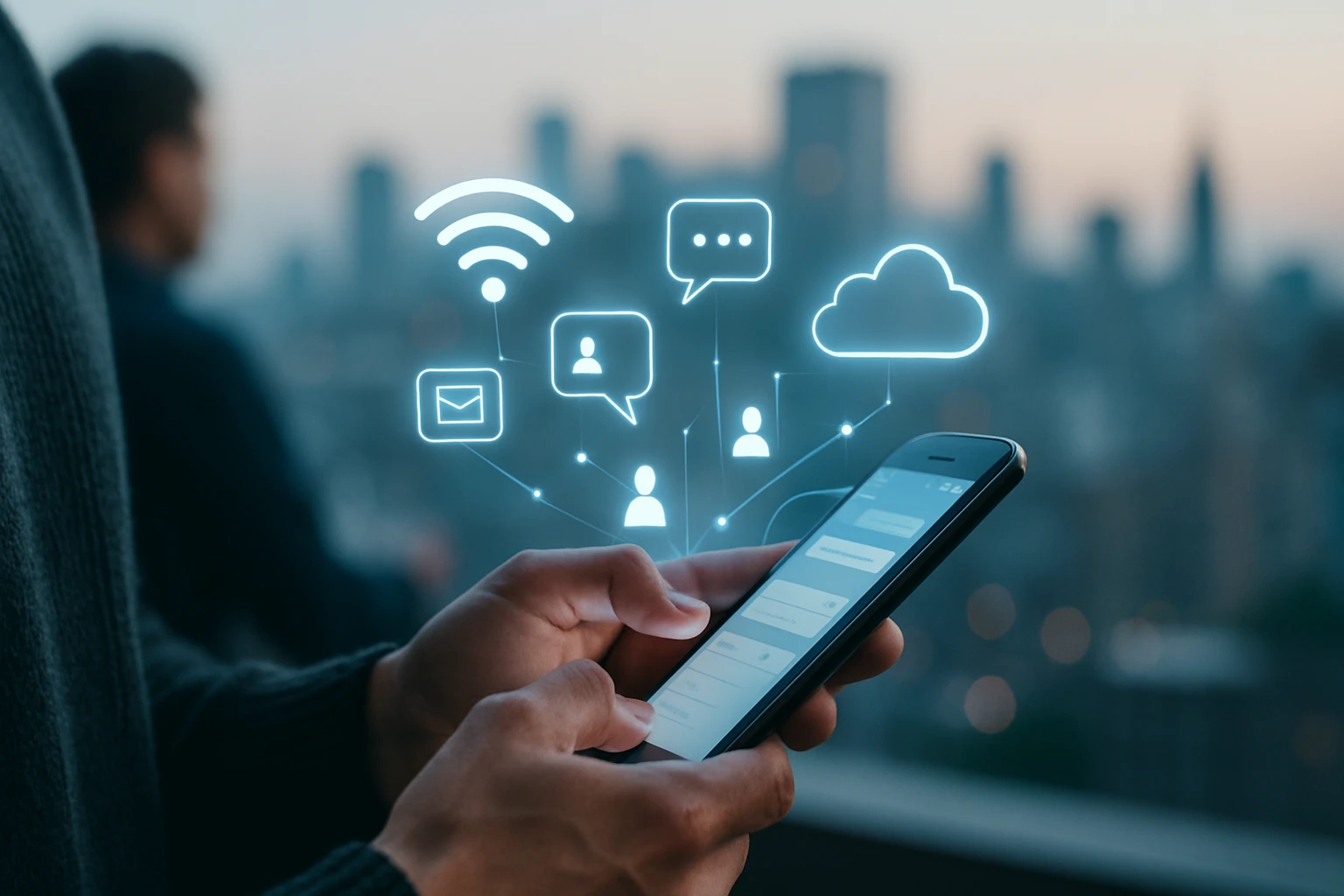 Osoba drží mobilný telefón s ikonami pre komunikáciu a cloudové služby.