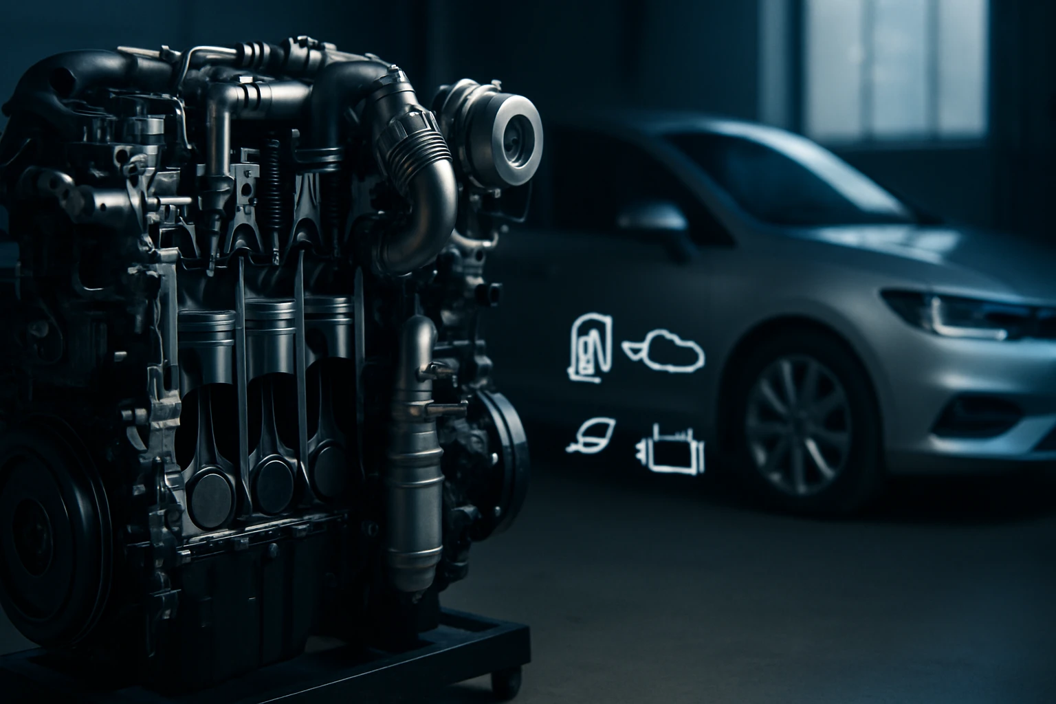 Detailný pohľad na moderný automobilový motor s ikonami funkcií.