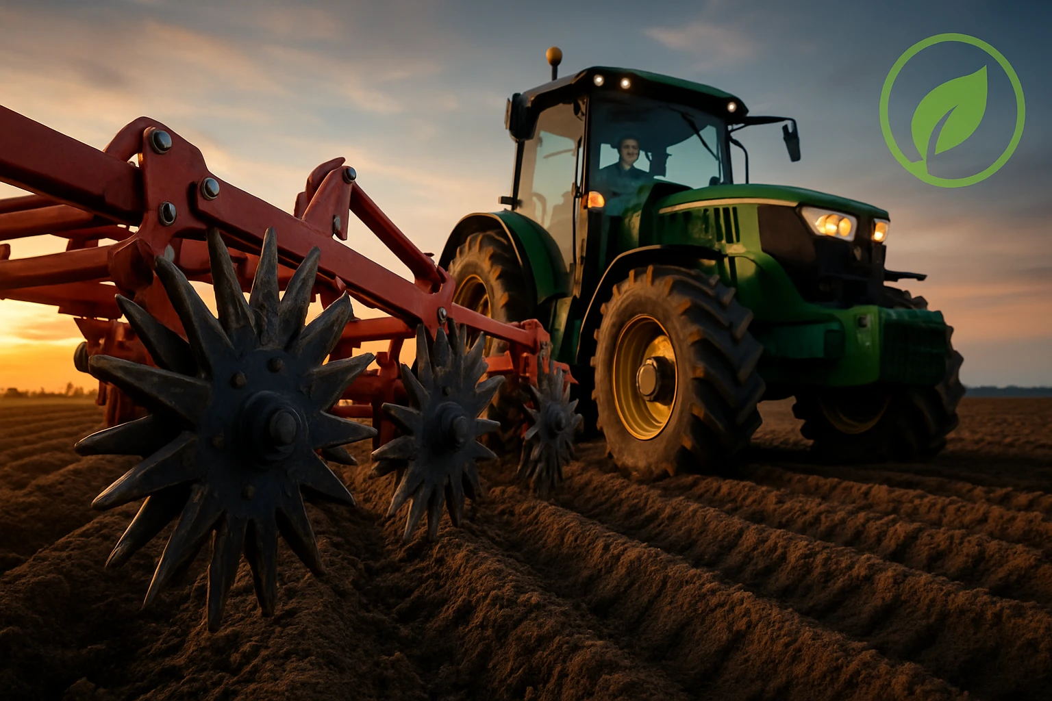 Traktor s červeným pluhom orie pôdu pri západe slnka.
