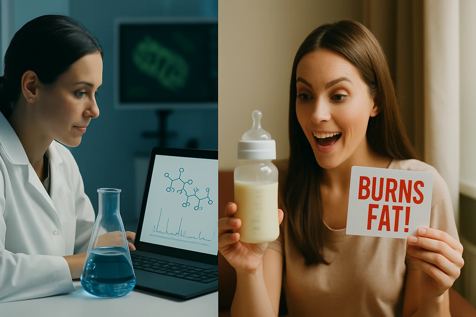 Žena v laboratóriu skúma molekulárne vzorce na počítači, vedľa je sklenená nádoba s modrou tekutinou.