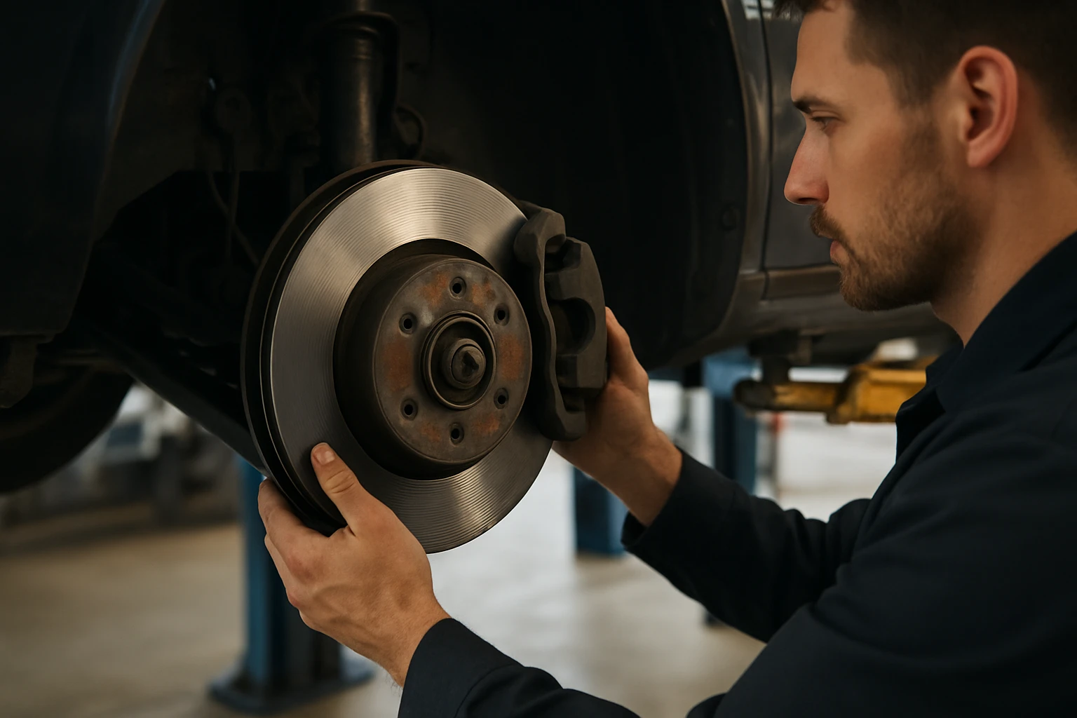 Mechanik montuje brzdový kotúč na vozidlo v autoservise.