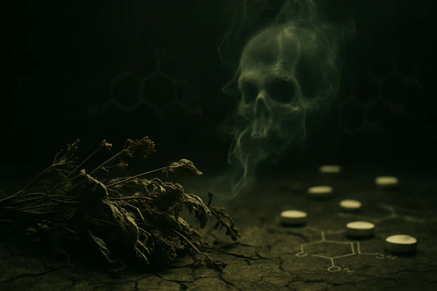 Na zemi leži zvädnutá bylinka vedľa bielych tabletiek a dymu v tvare lebky.