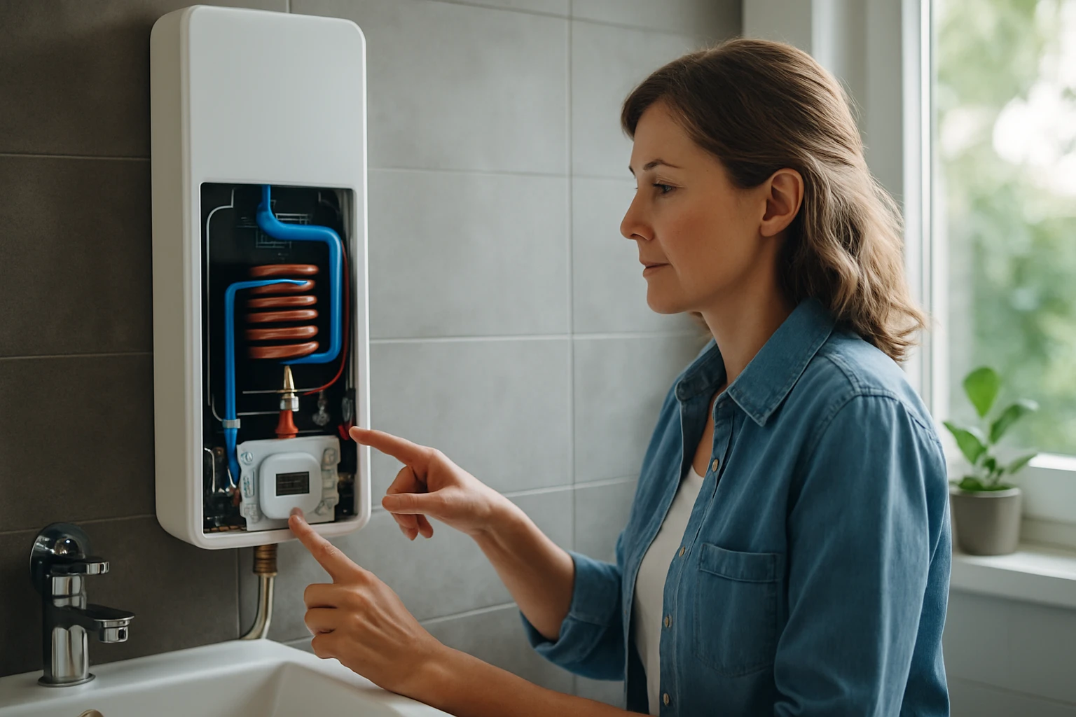 Žena nastavuje teplotu na modernom elektrickom ohrievači vody.