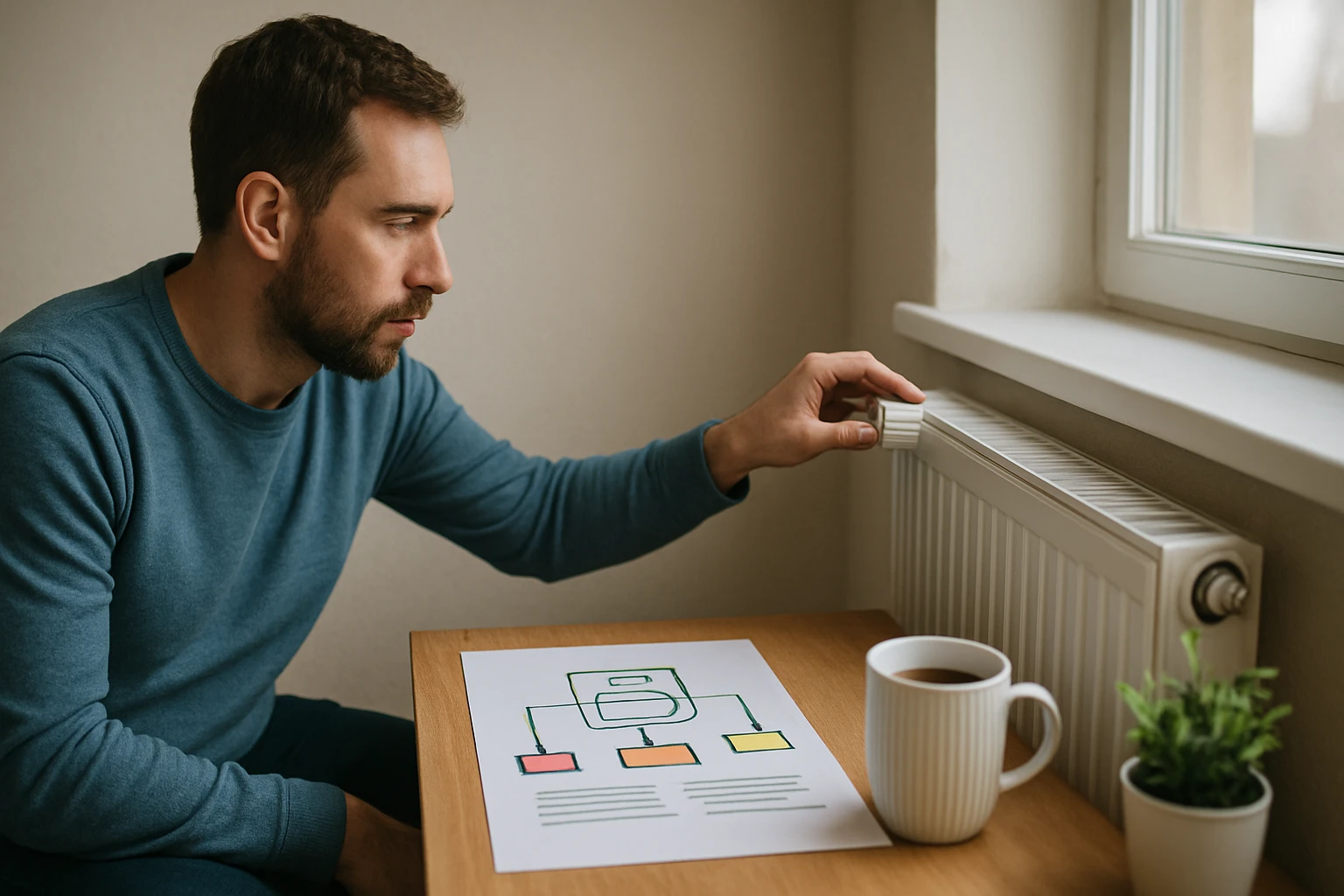 Muž nastavuje teplotu na radiátore pri stole s kávou a plánom.