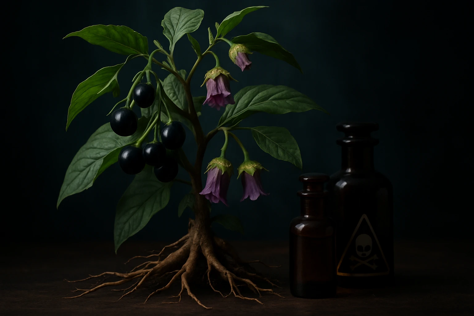Rastlina s čiernymi bobuľami a fialovými kvetmi, vedľa tmavé fľaše.