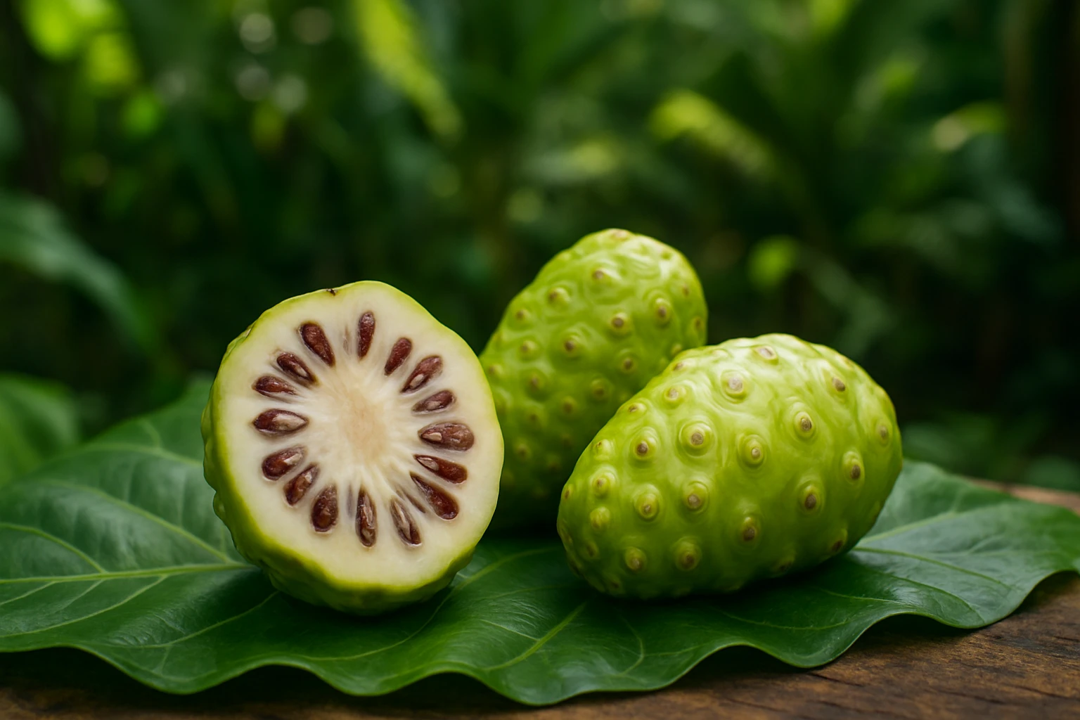 Zelené plody noni s bielym vnútrom a hnedými semienkami na liste.