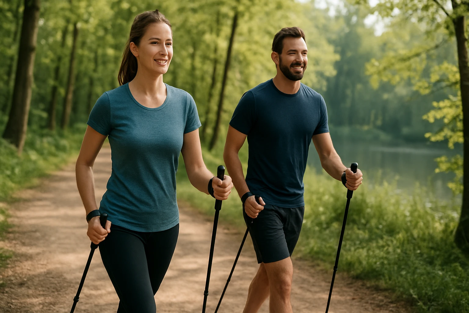 Dve osoby, muž a žena, nordic walkingot végeznek egy erdős úton.