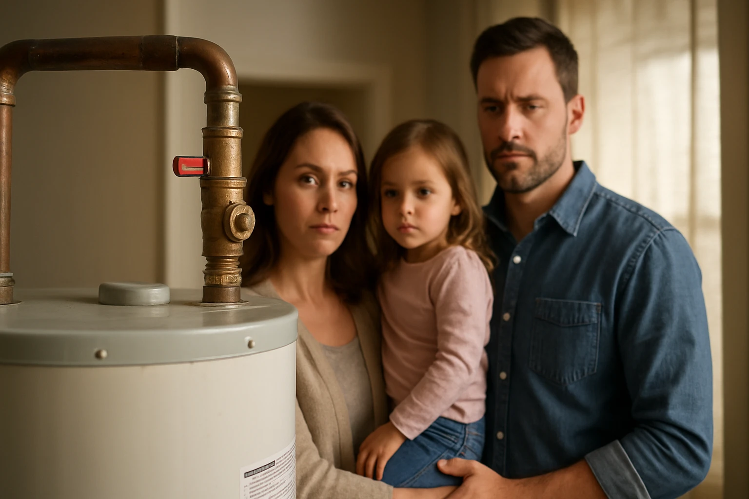 Rodina stojí a pozoruje bojler, vyjadrujúc obavy a napätie.