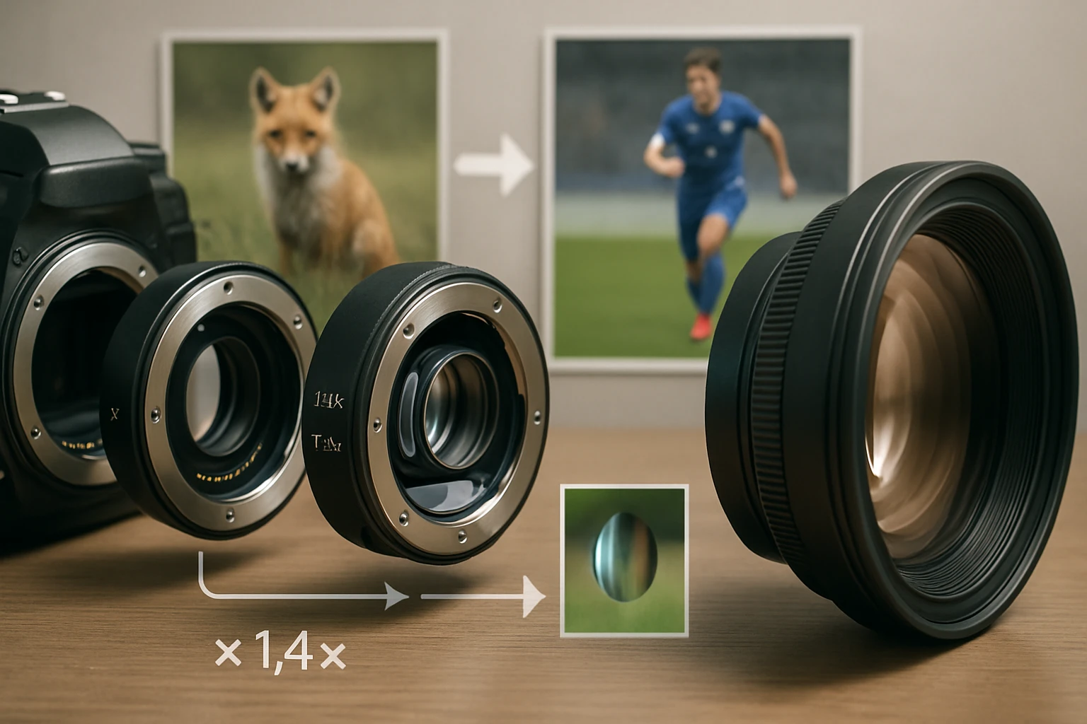 Na stole sú tri objektívy a fotoaparát, pozadia s obrázkami zvieraťa a športovca.