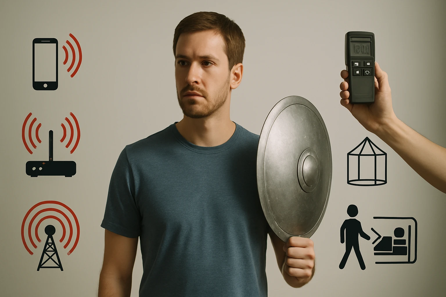 Muž so štítom v ruke, okolo neho symboly rádiových vĺn a meracie zariadenie.