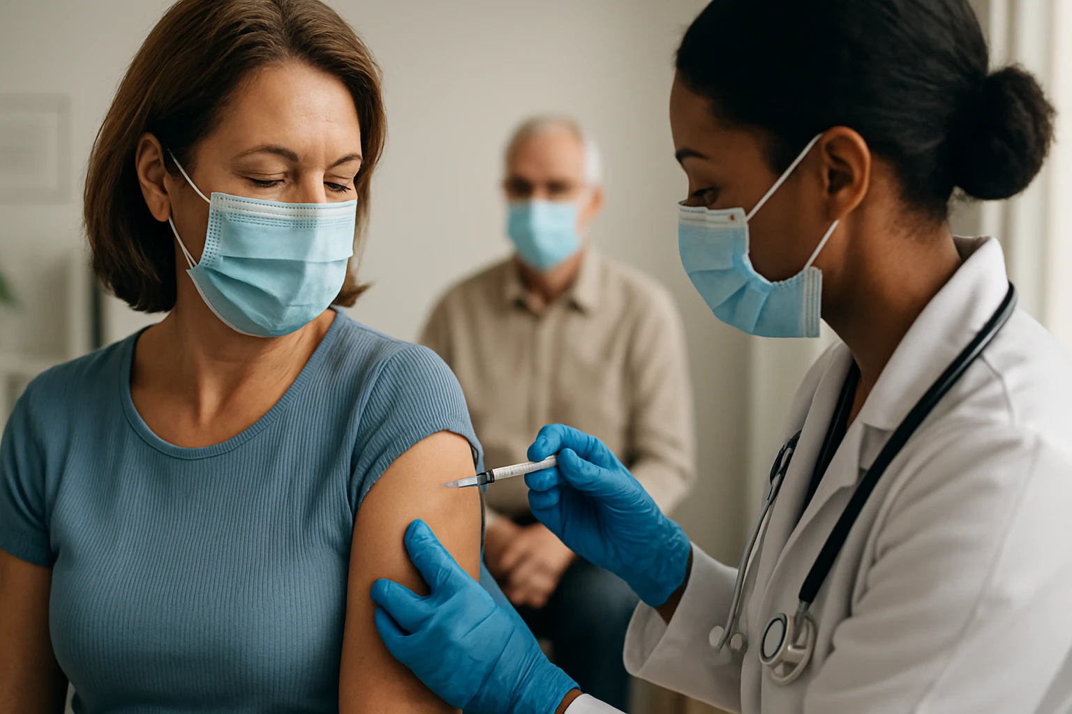Žena dostáva vakcínu od zdravotnej sestry v modrom rúšku.