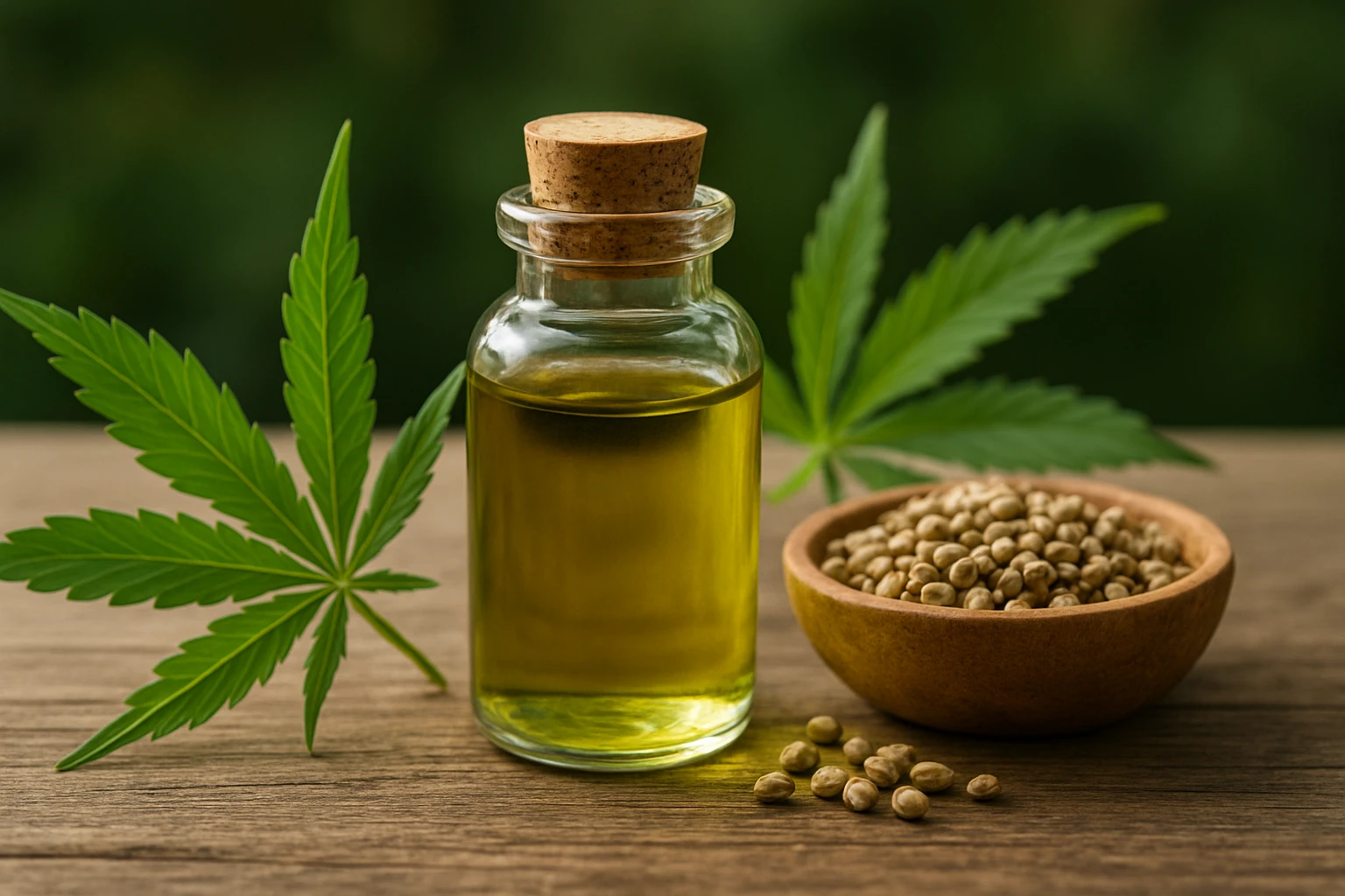 Sklenená fľaša s olejom z konope vedľa listov a semien konope.