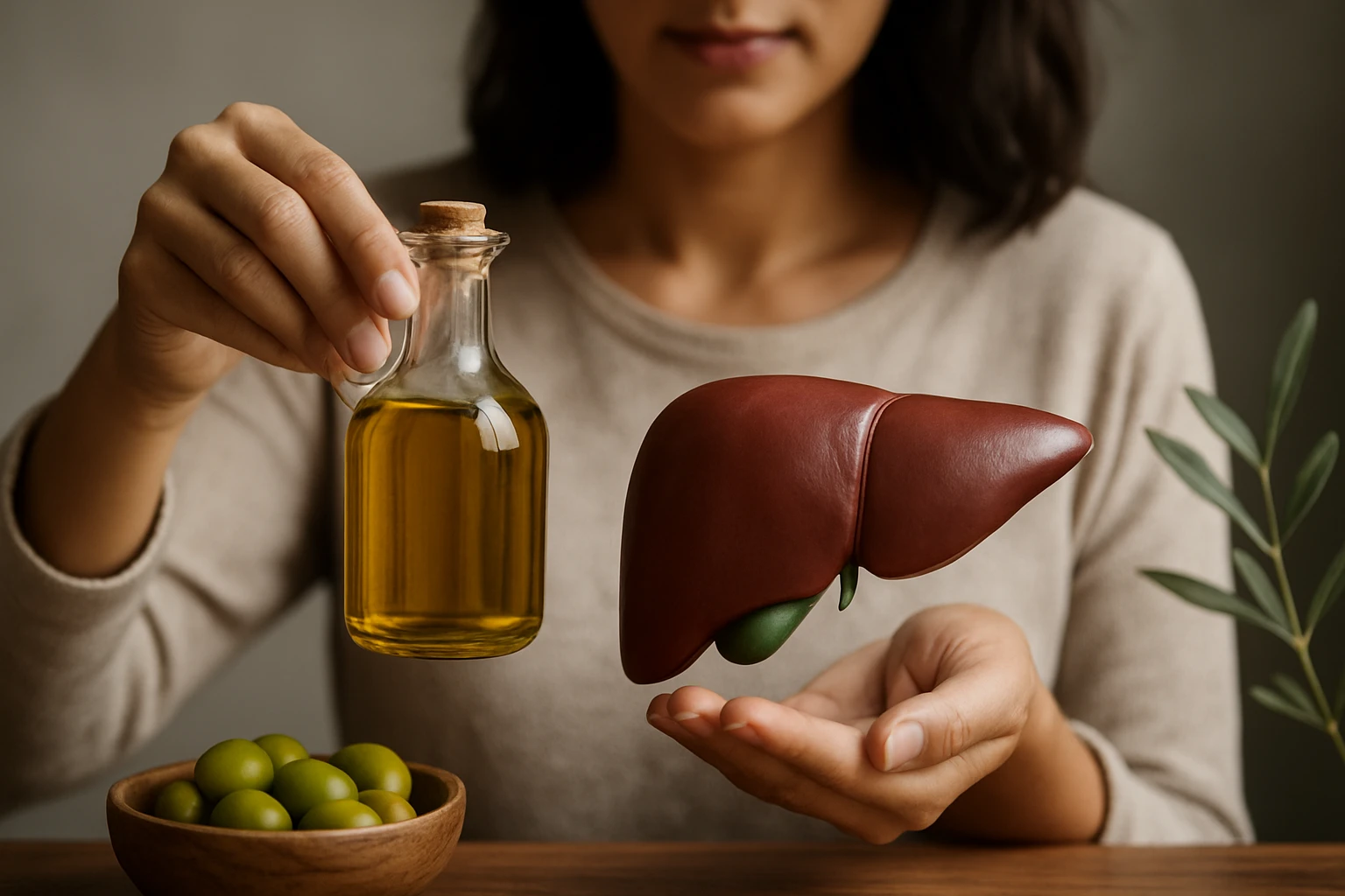 Žena drží fľašu olivového oleja a model pečene v ruke.