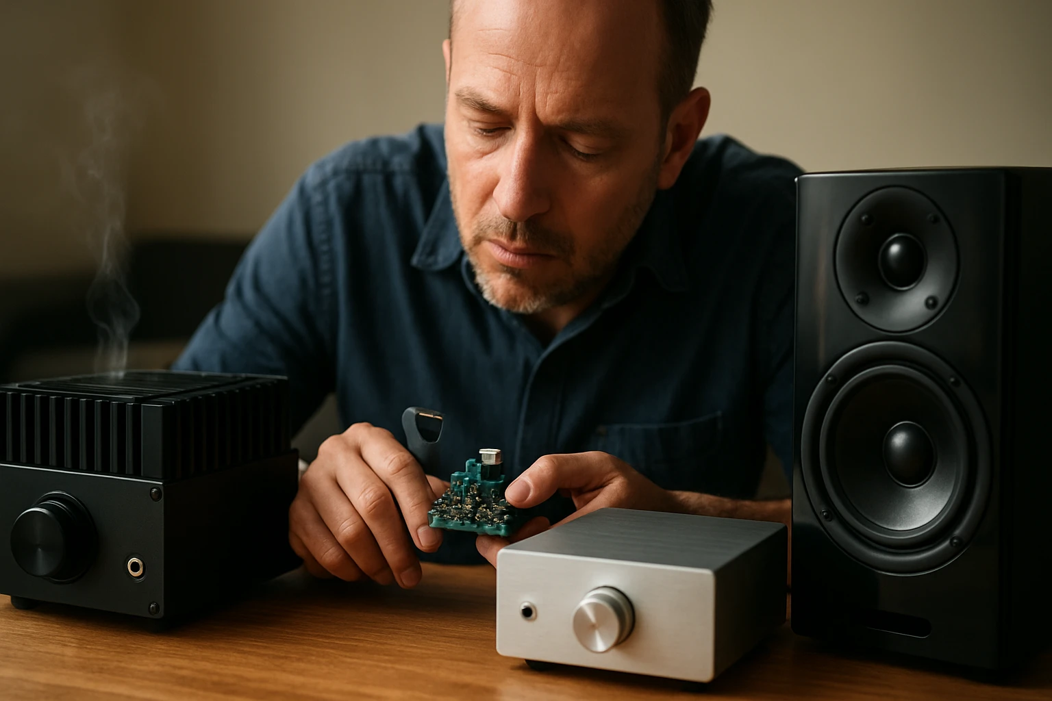 Muž skúma elektronickú dosku pri reproduktoroch a zosilňovači.