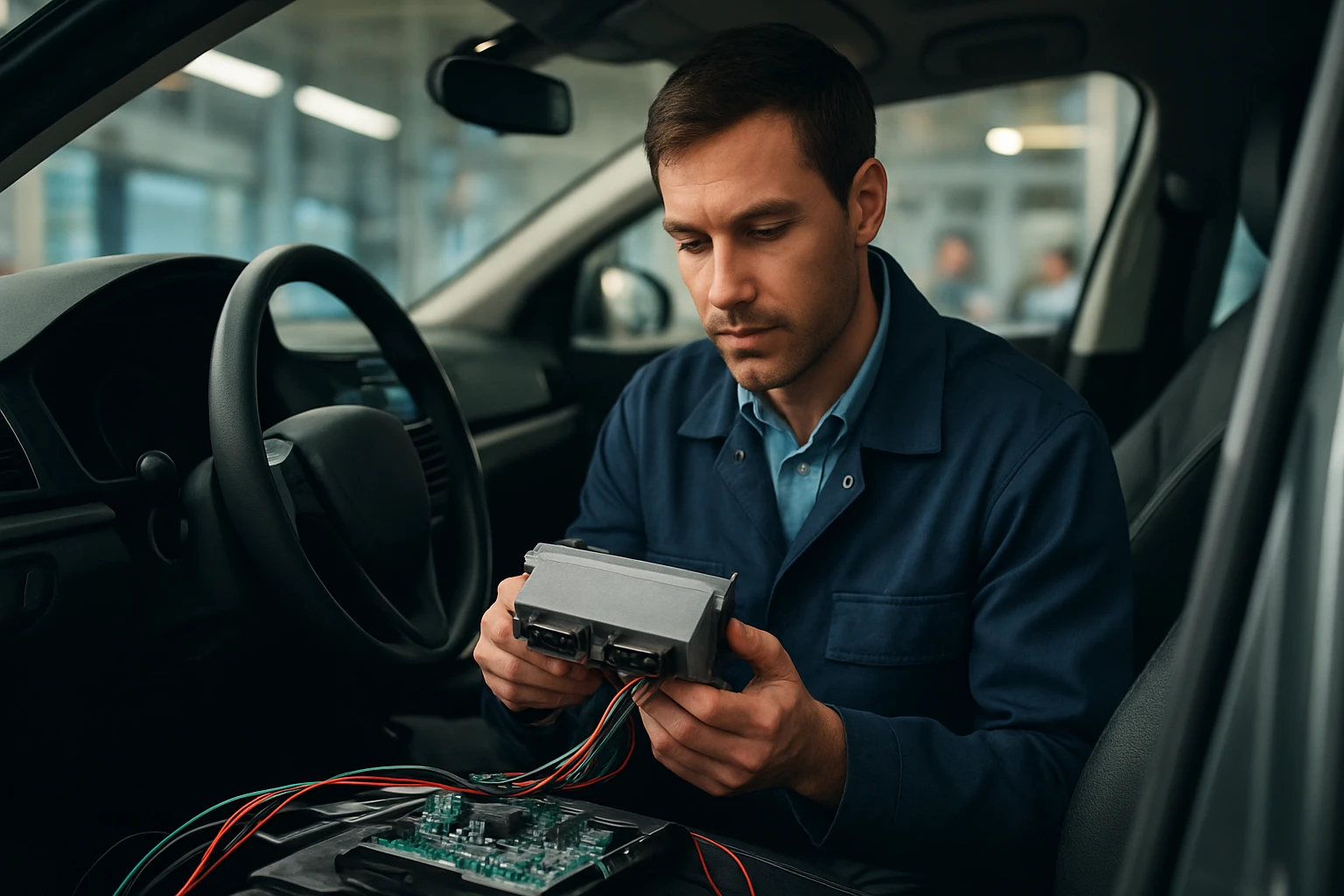 Muž skúma elektroniku v aute, zameraný na riadiacu jednotku.
