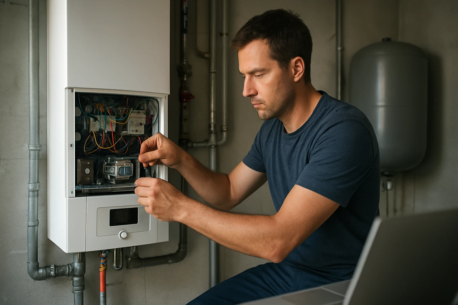 Muž opravuje kotol, sústredene manipuluje s elektrickými káblami.