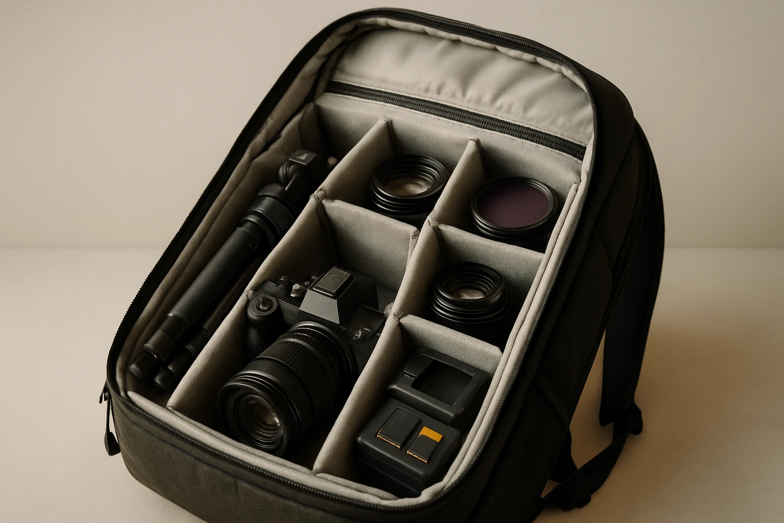 Fotografická taška s kamerou, objektívmi a statívom, usporiadaná v oddeleniach.