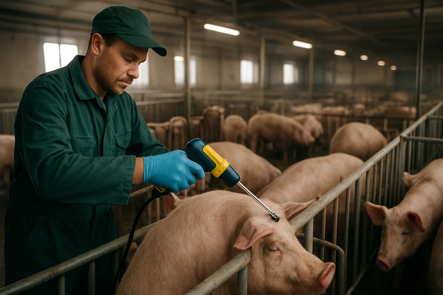 Farmár, ktorý ošetruje prasa pomocou elektrického nástroja v prasiarni.