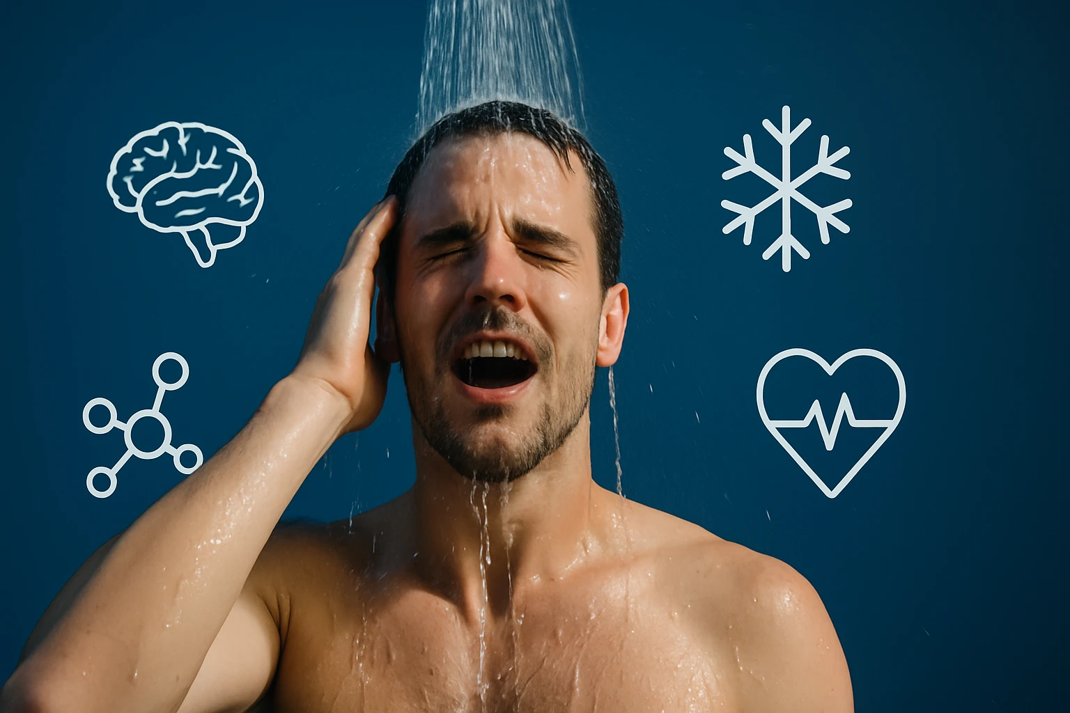 Muž pod sprchou, ktorý sa cíti osviežený, okolo neho ikony mozgu, srdca a snehu.