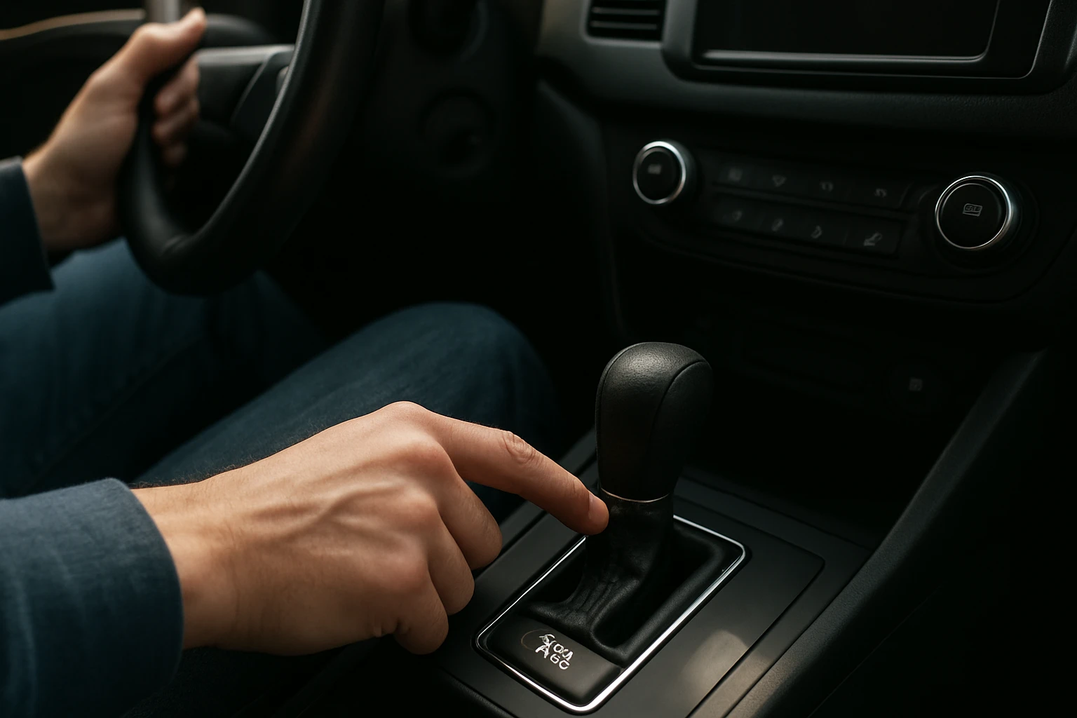 Ruka ovládajúca automatickú prevodovku v automobile.