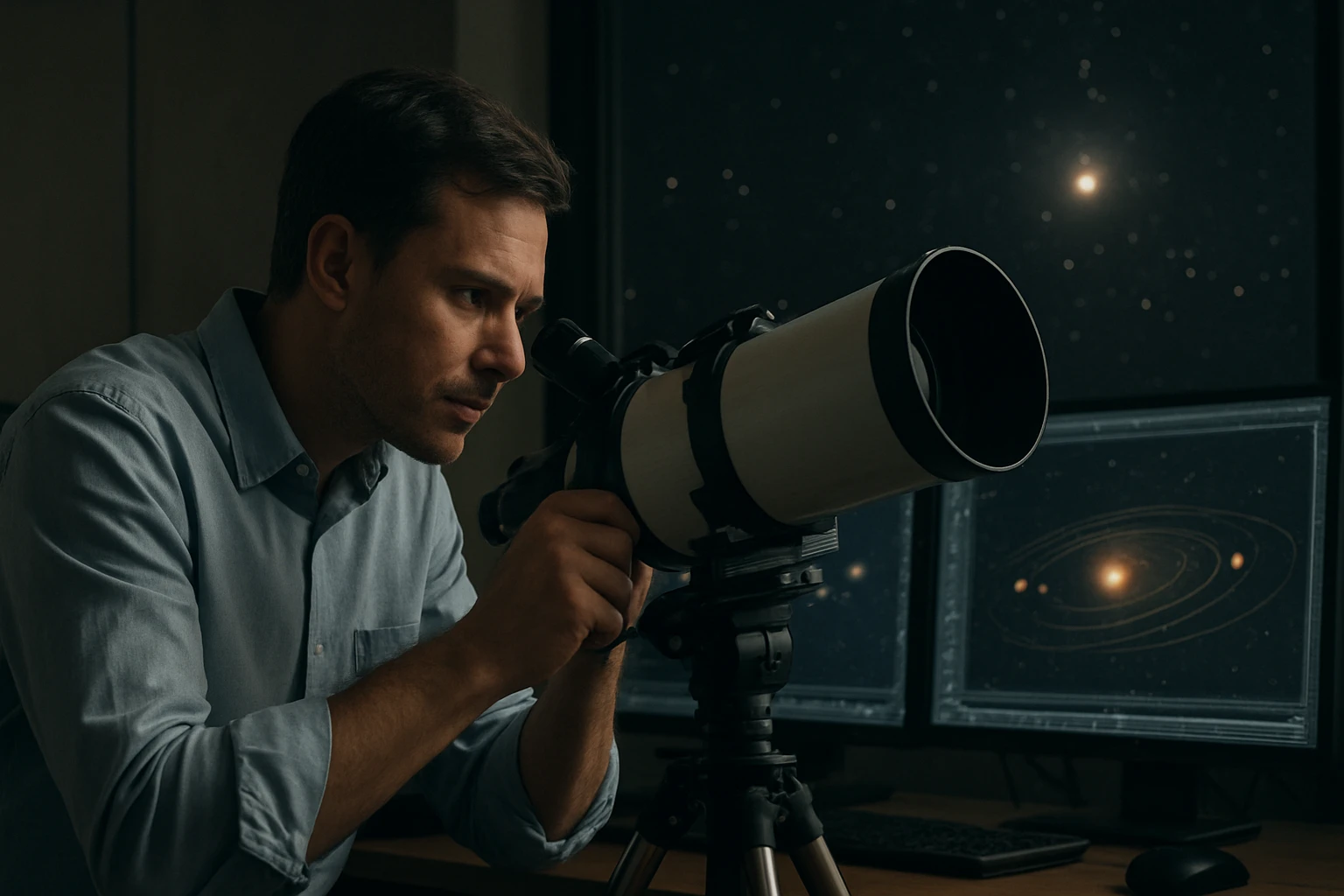 Muž pozoruje nočnú oblohu cez teleskop v tmavej miestnosti.