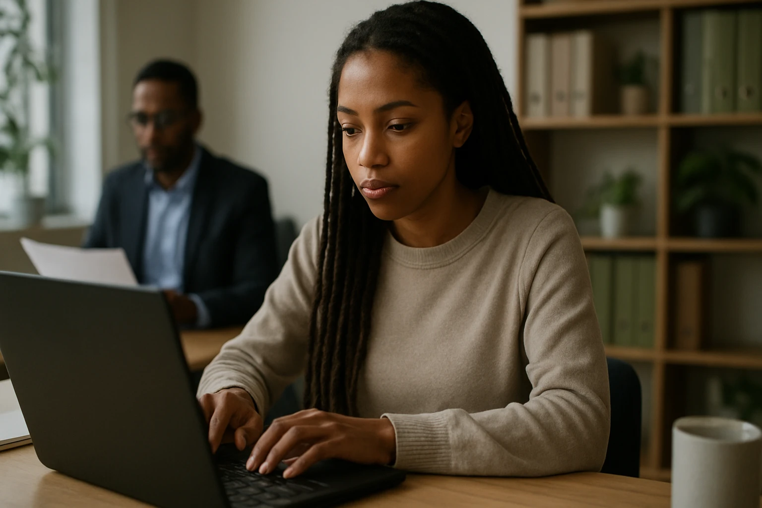 Žena s dlhými vrkočmi pracuje na laptopu v kancelárii.