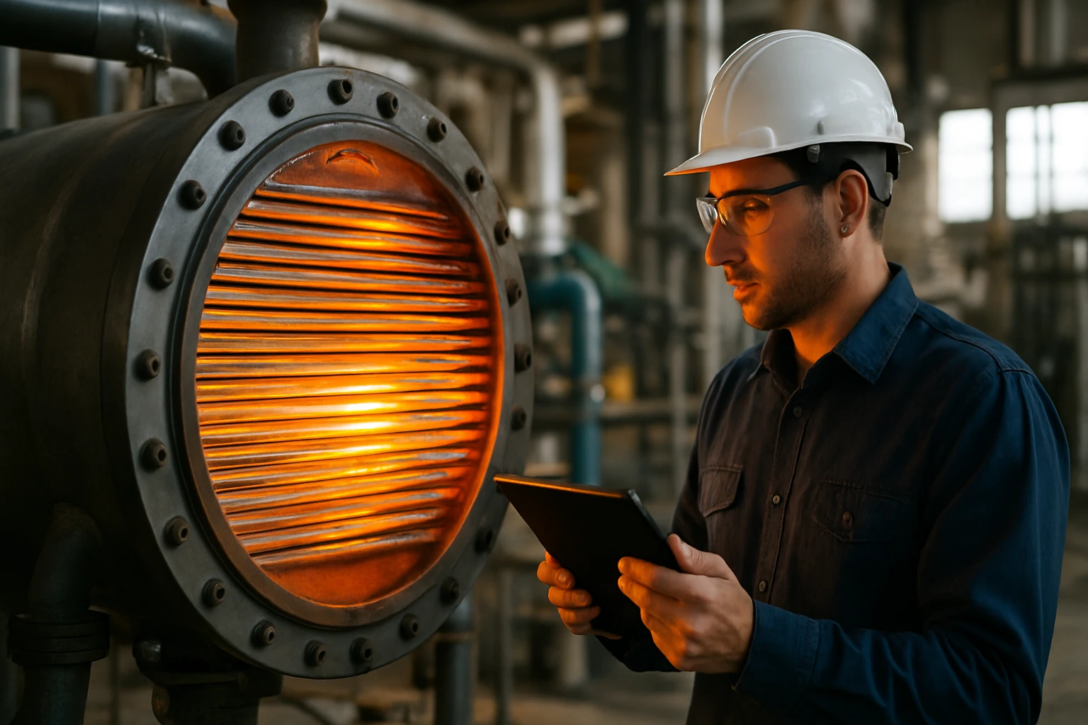 Muž v ochranném oblečení sleduje zařízení s teplým světlem v továrně.