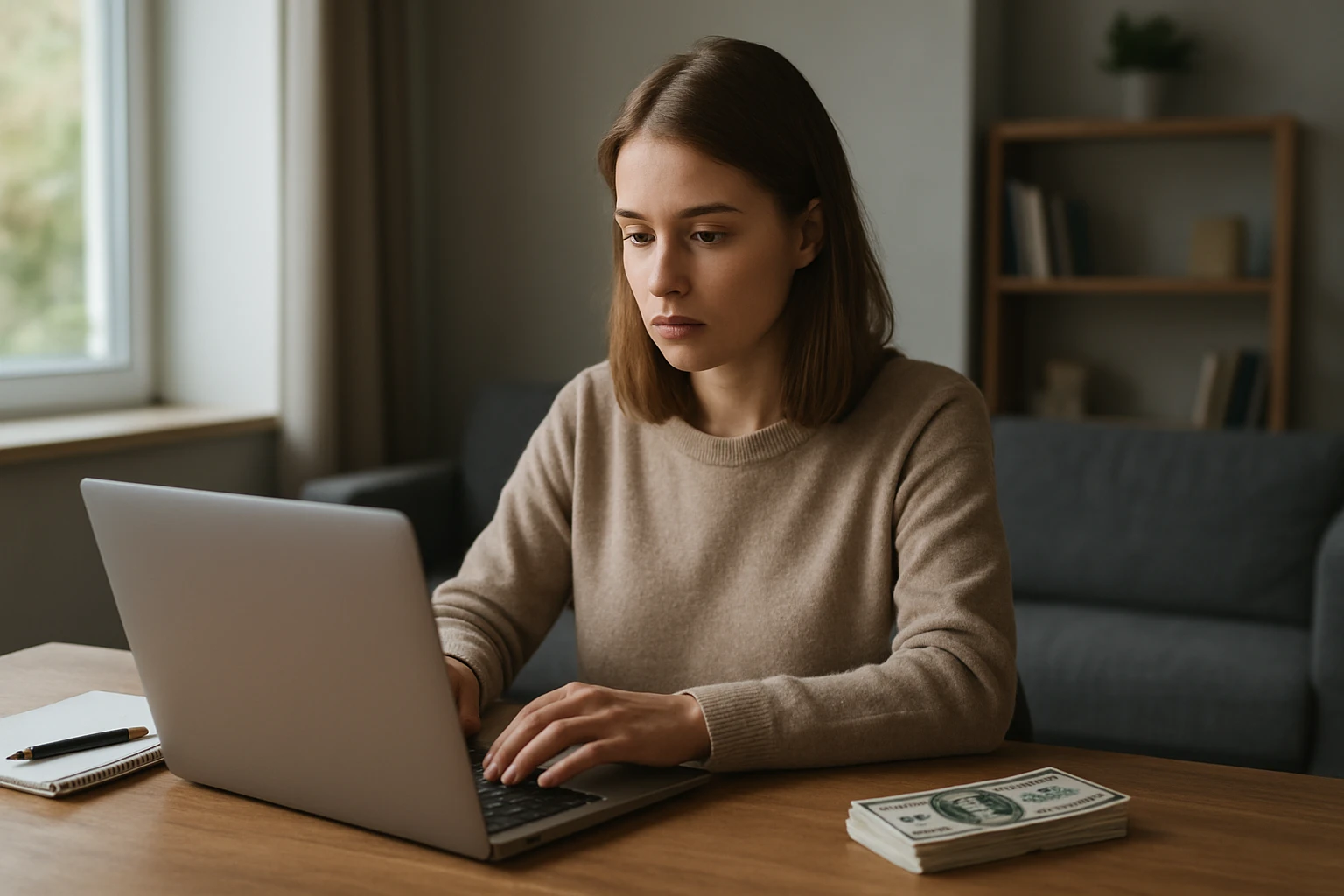 Žena pracuje na laptopu, sústredená, vedľa nej sú peniaze.