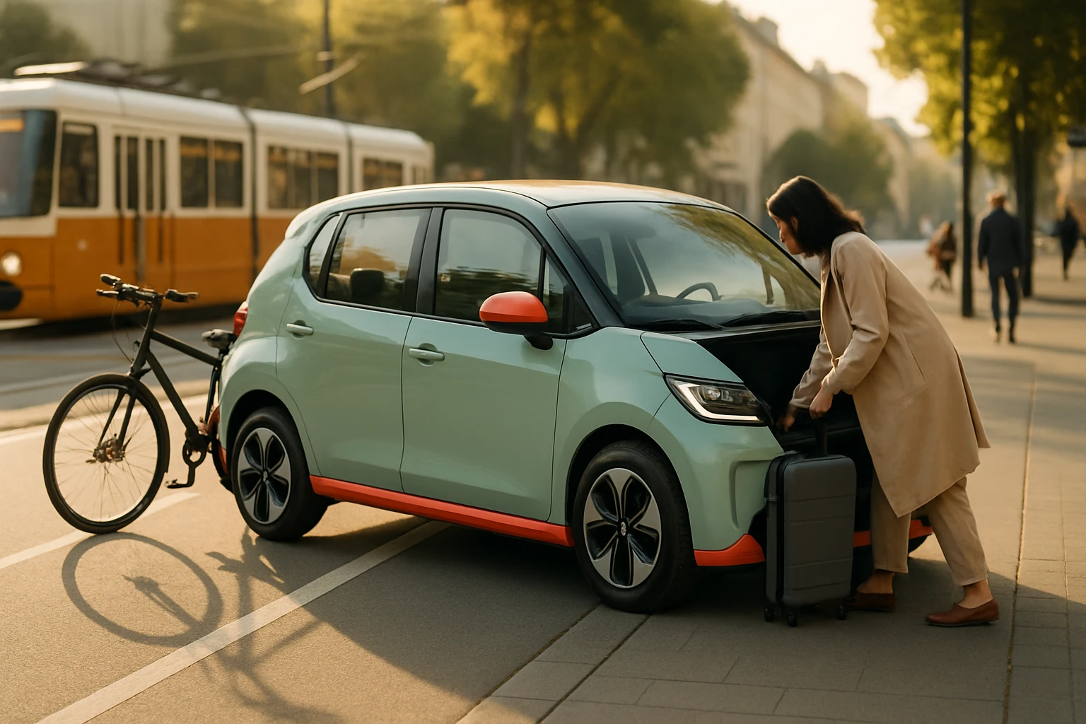 Žena s kufrom vyberá veci z malého mestského elektrického auta na ulici.