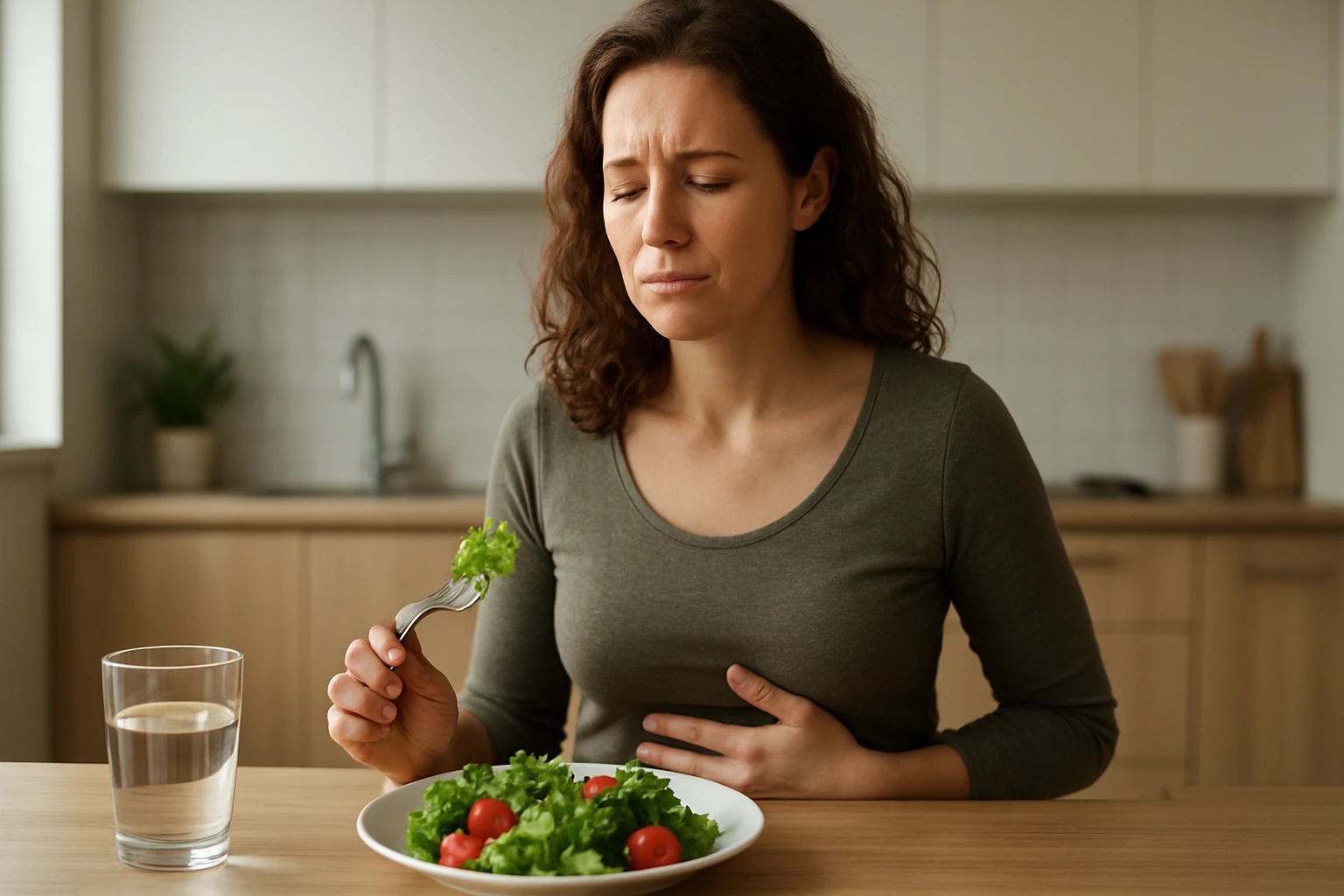 Žena s hnedými vlasmi sedí pri stole a má na tanieri šalát, vyzerá nešťastne.