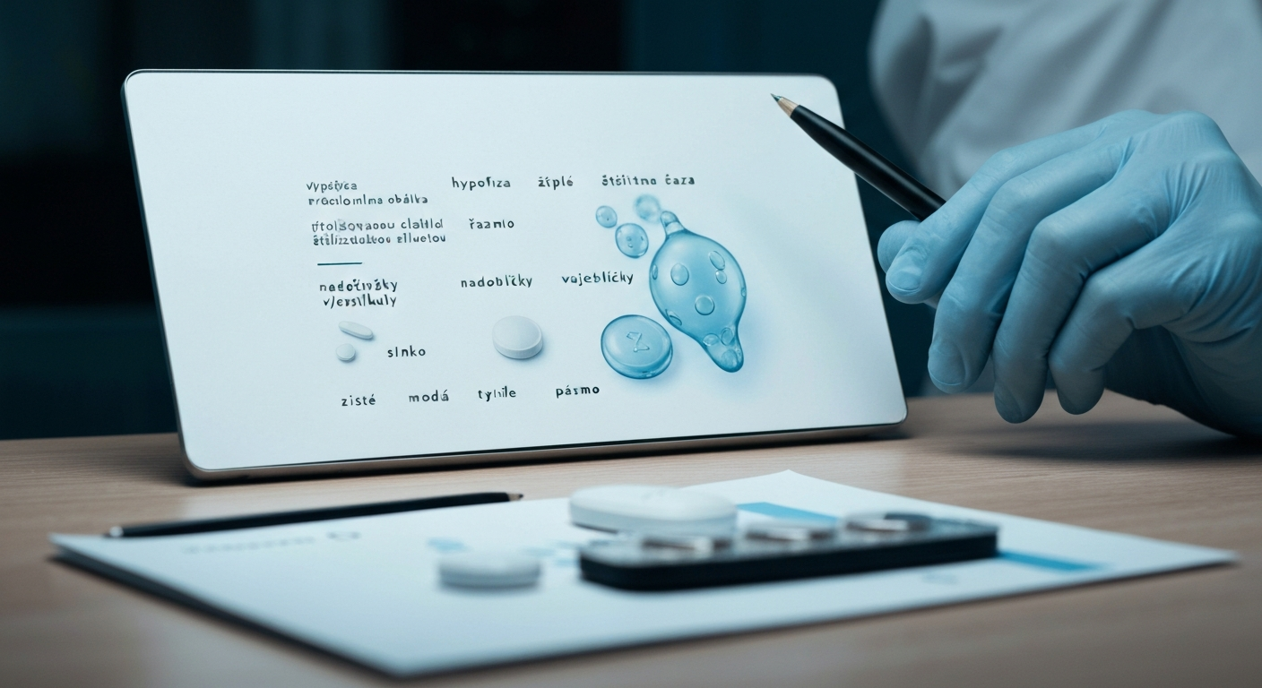 Ruka v modrej rukavici drží pero nad tabletom s názvami liekov a ich formami.