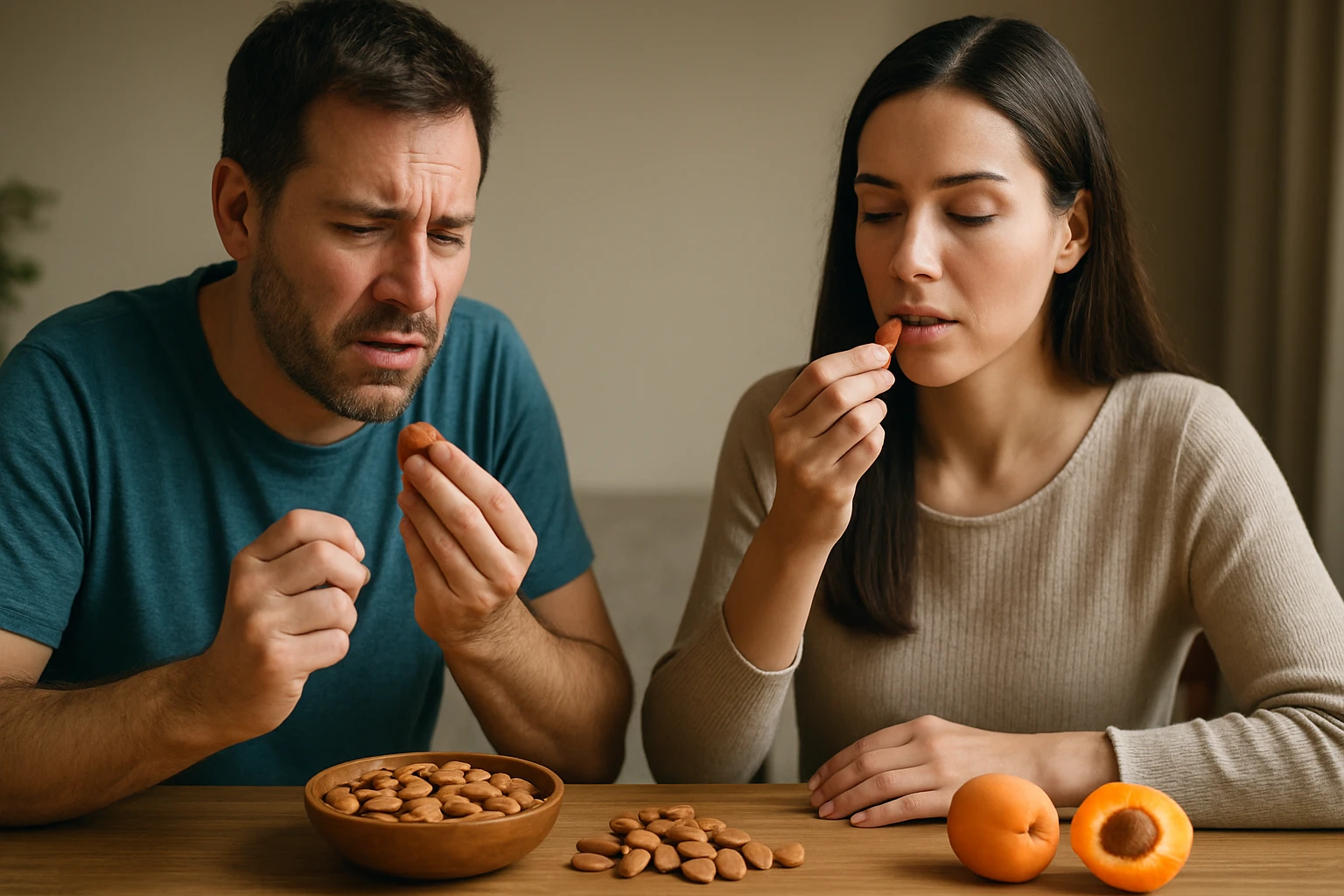 Muž a žena ochutnávajú oriešky a sušené ovocie, vyzerajú prekvapene.