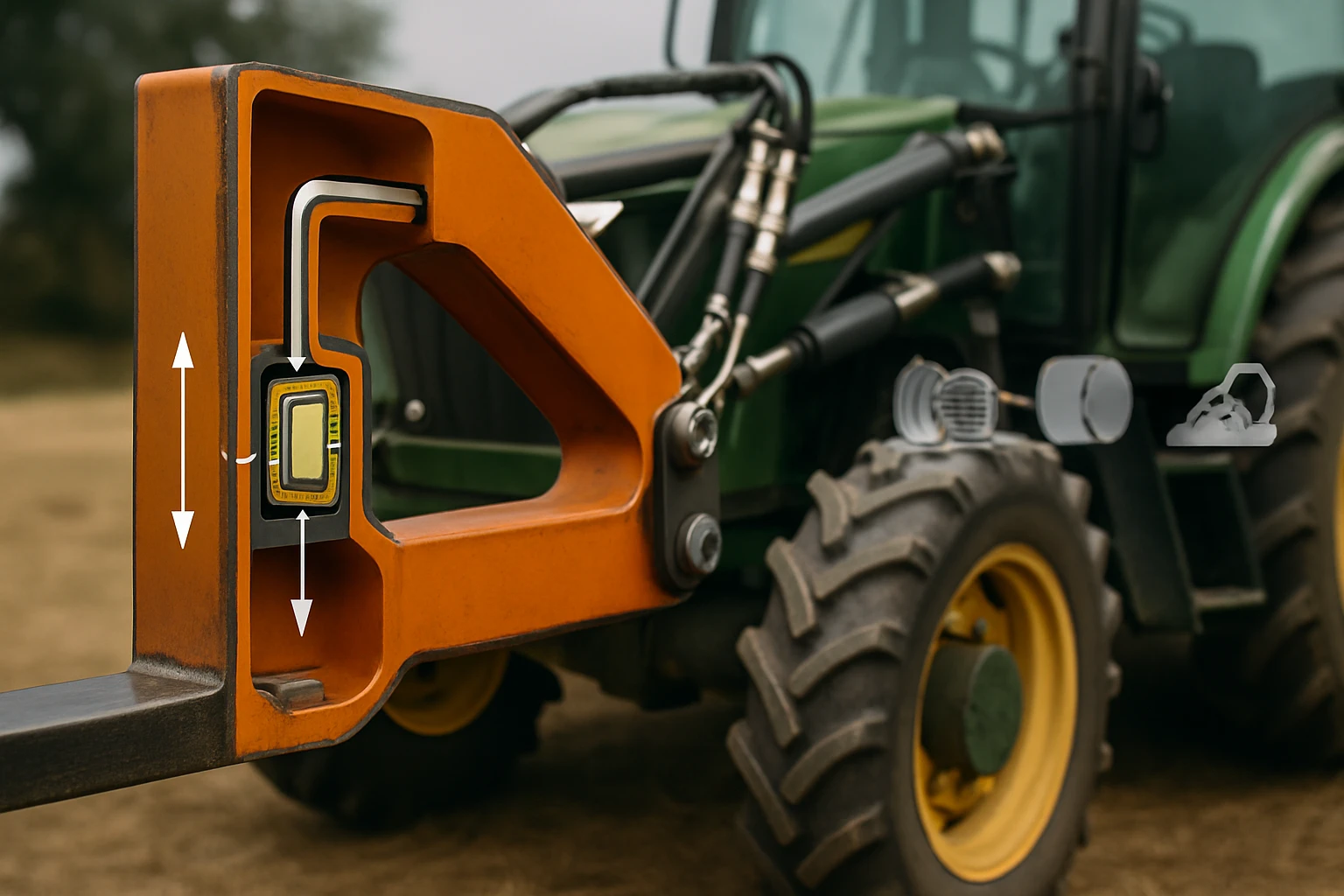 Detail of a tractor's attachment with a level indicator for precision work.