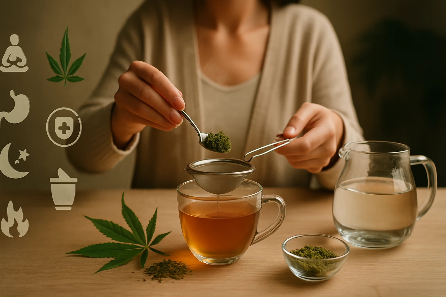 Žena pripravuje čaj z konopných listov a prášku, vedľa sú ingrediencie.