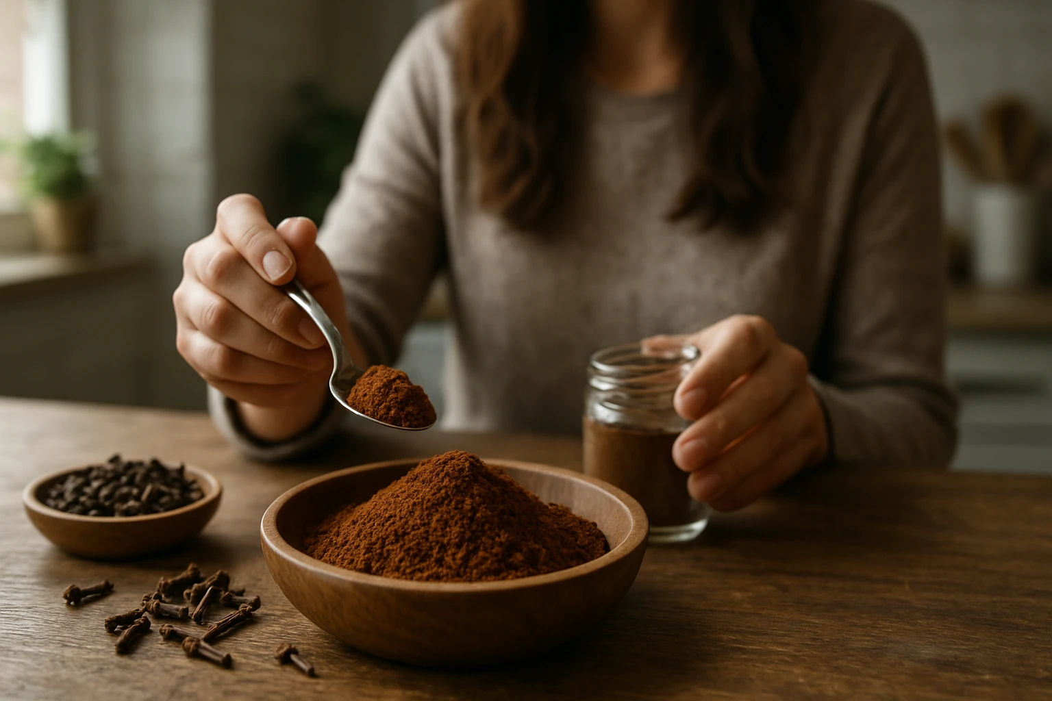 Žena naberá mletú kávu lyžicou z drevenej misky na stôl.