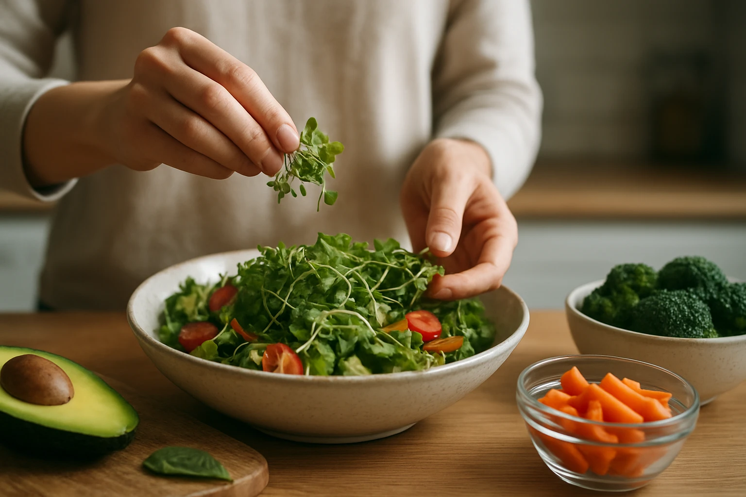 Ruka pridáva čerstvé klíčky do misy so zeleninovým šalátom.