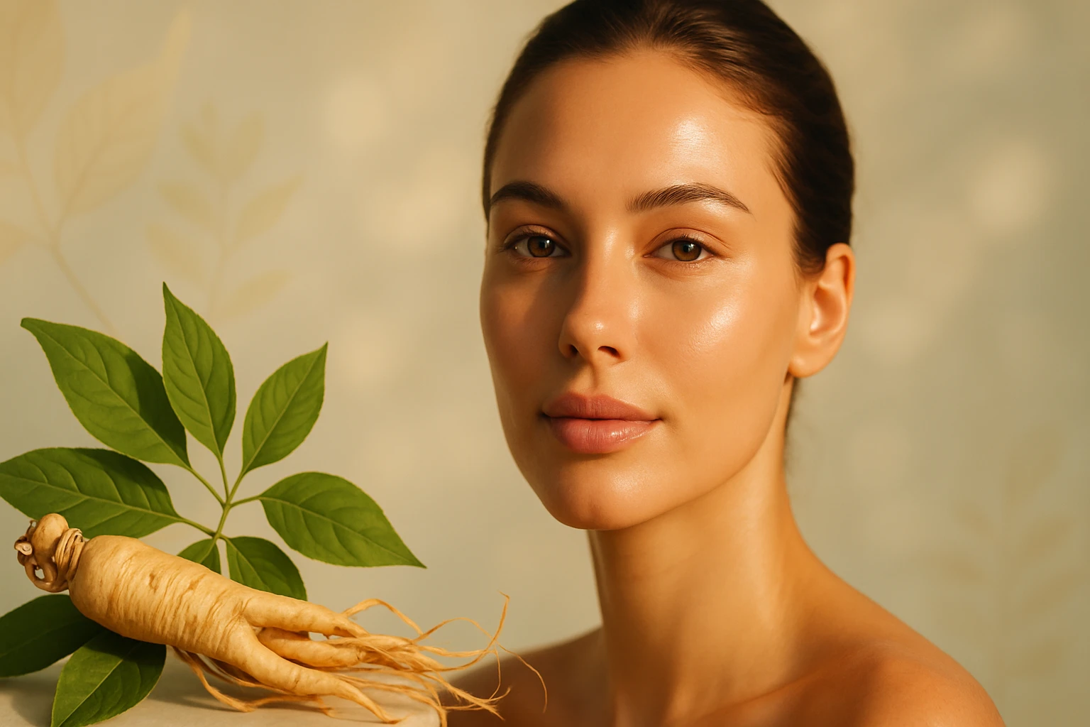 Žena s hladkou pleťou a prírodnými listami a koreňom ženšenu.