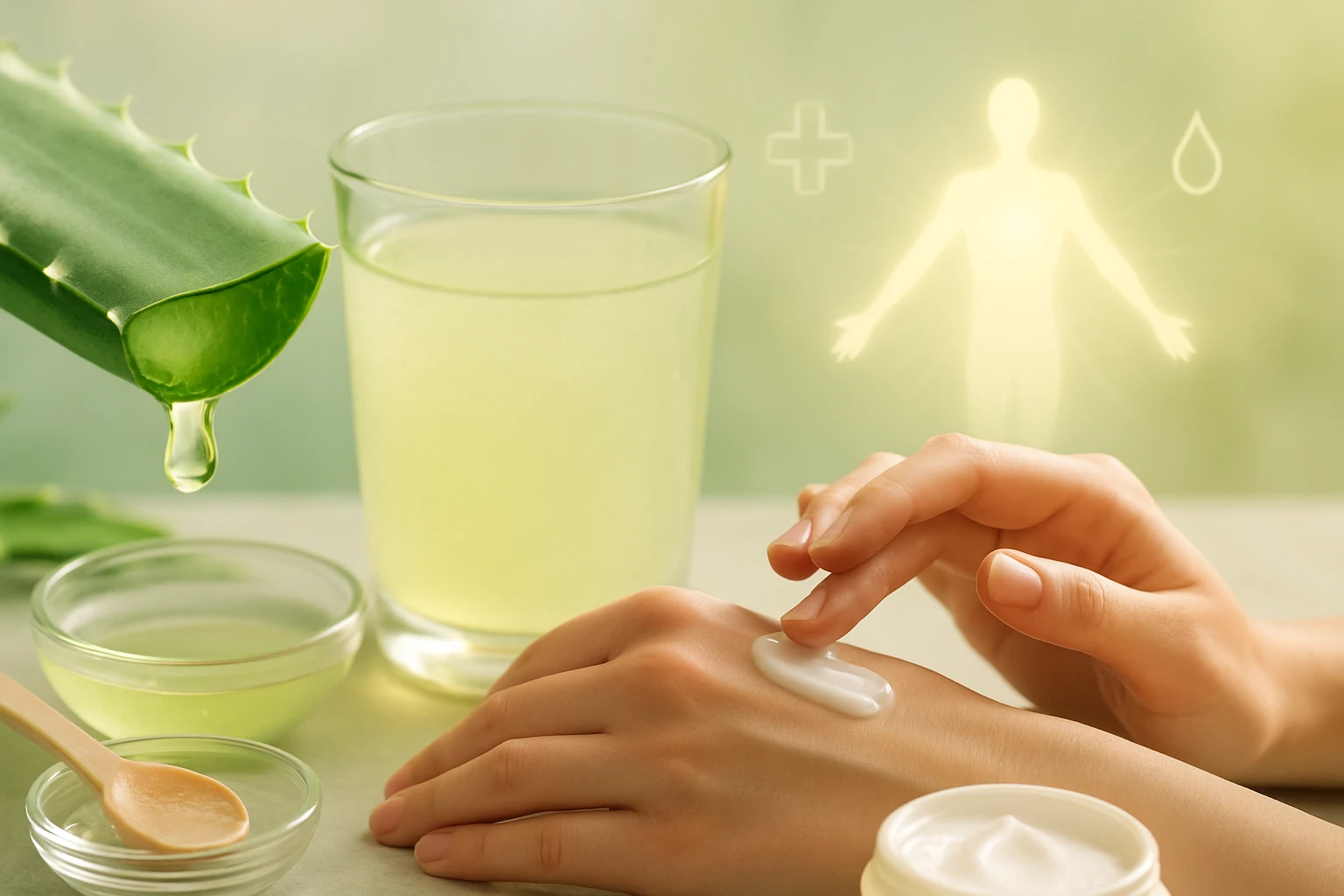 Ruka nanáša krém na pleť, vedľa sú aloe vera a nápoj.