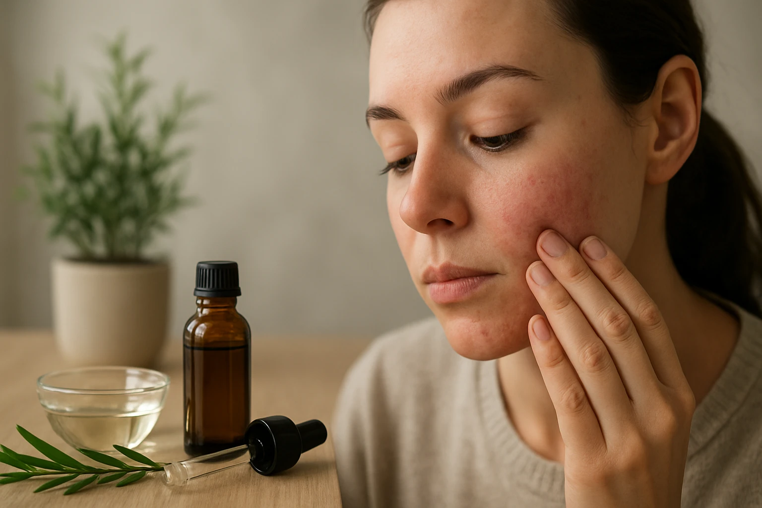 Mladá žena, ktorá sa dotýka svojej pleti, vedľa sú oleje a rastlina.