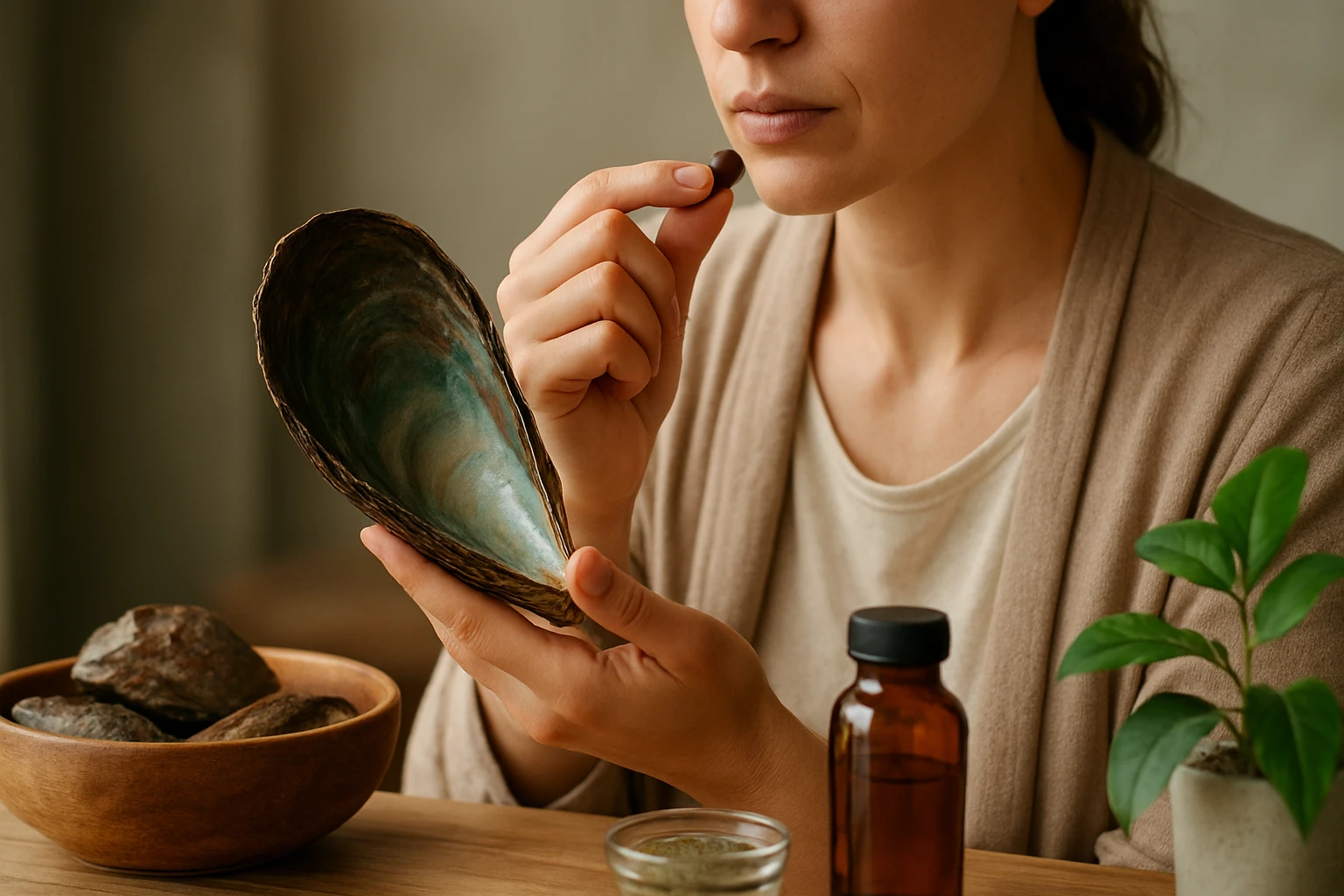 Žena drží v ruke kapsulu a pozorne sa na ňu pozerá, vedľa sú prírodné produkty.
