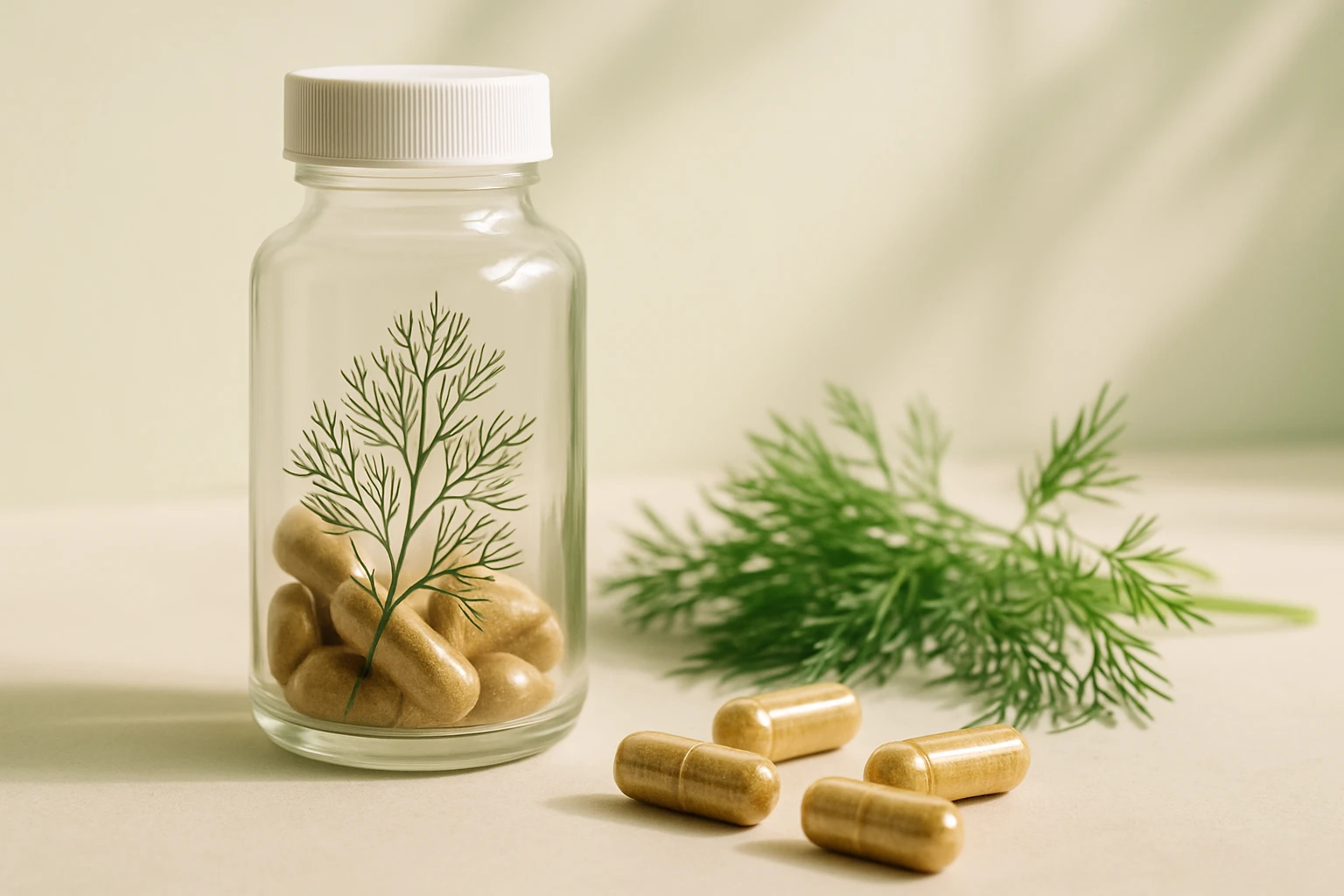 Sklenená nádoba s kapsulami a vetvičkou kôpru vedľa nej.