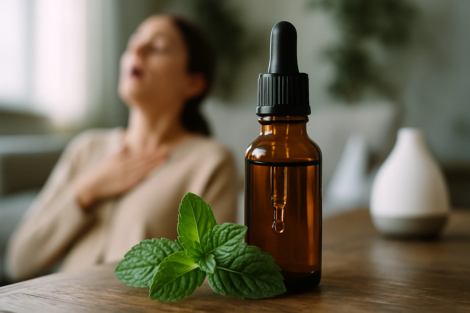 Hnedá fľaša s kvapkadlom a mätovými listami na drevenom stole.
