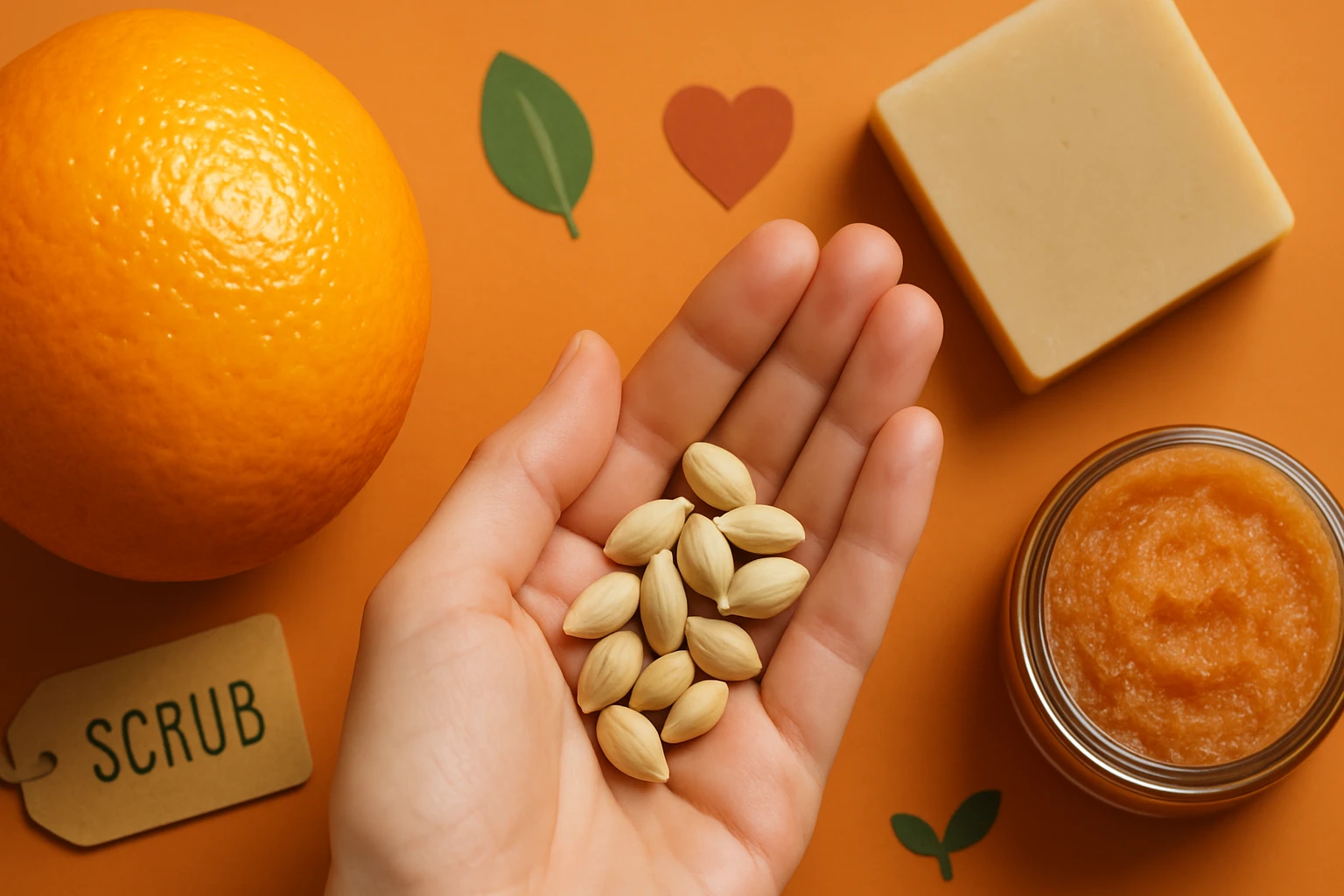 Ruka s mandľami, vedľa pomaranča a prírodného mydla na oranžovom pozadí.