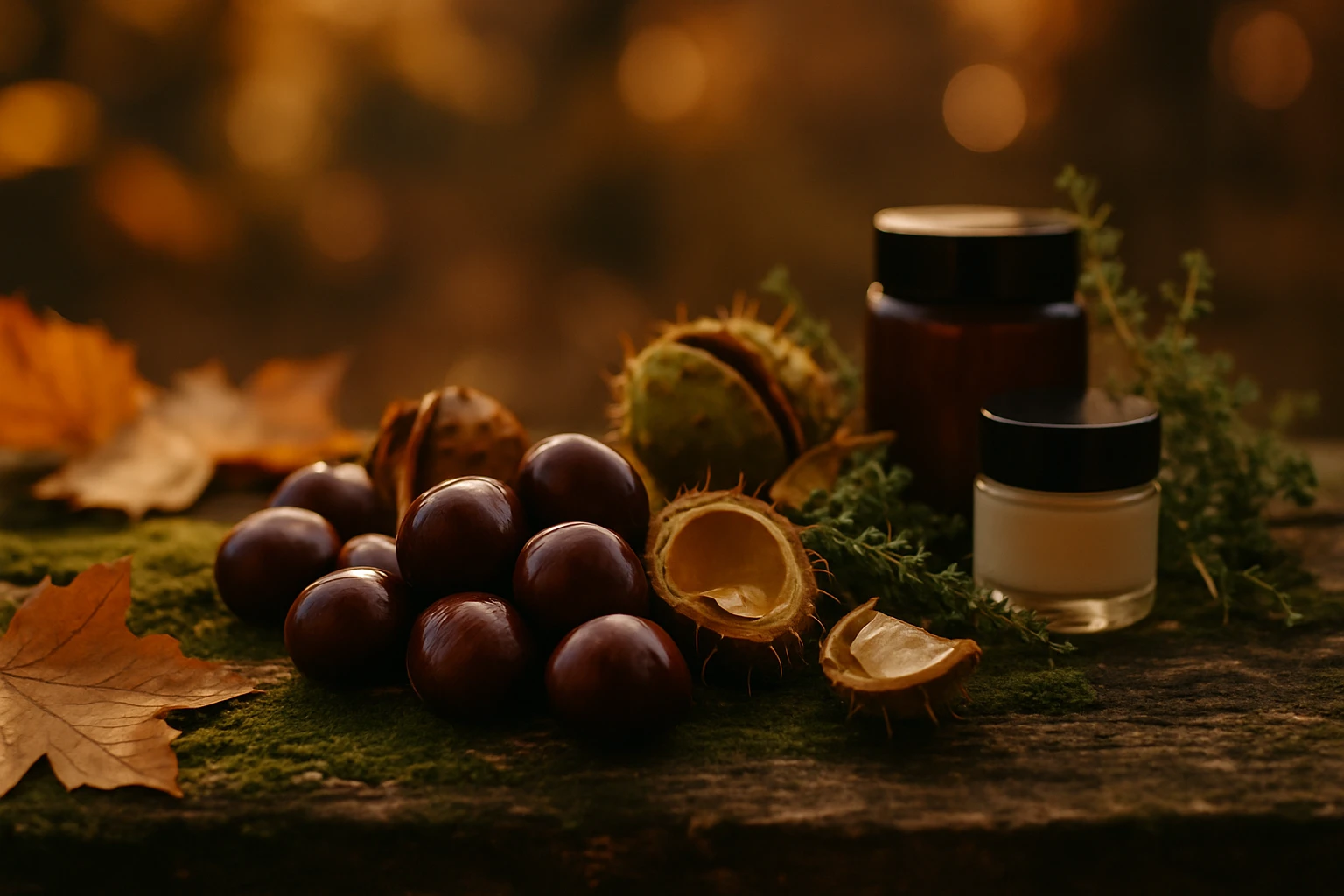 Hnedé gaštany, kozmetické krémy a listy na drevenej doske.