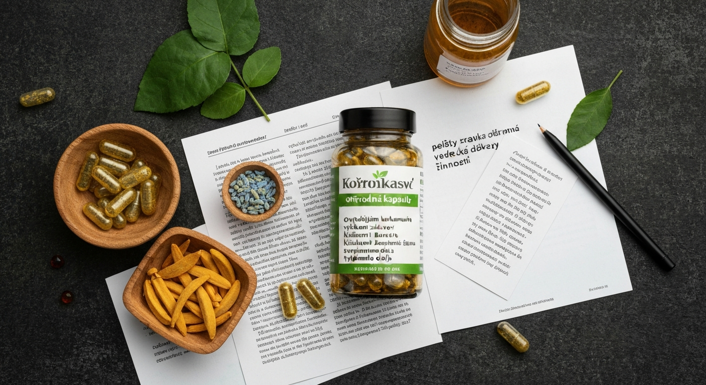 Prírodné kapsule a bylinky na bielom pozadí s textom a ceruzkou.