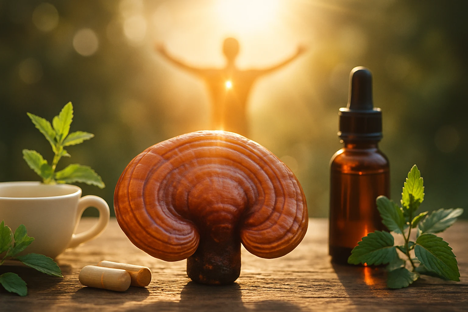 Na drevenom stole je huba, šálka čaju a fľaša s tinktúrou, v pozadí postava v prírode.